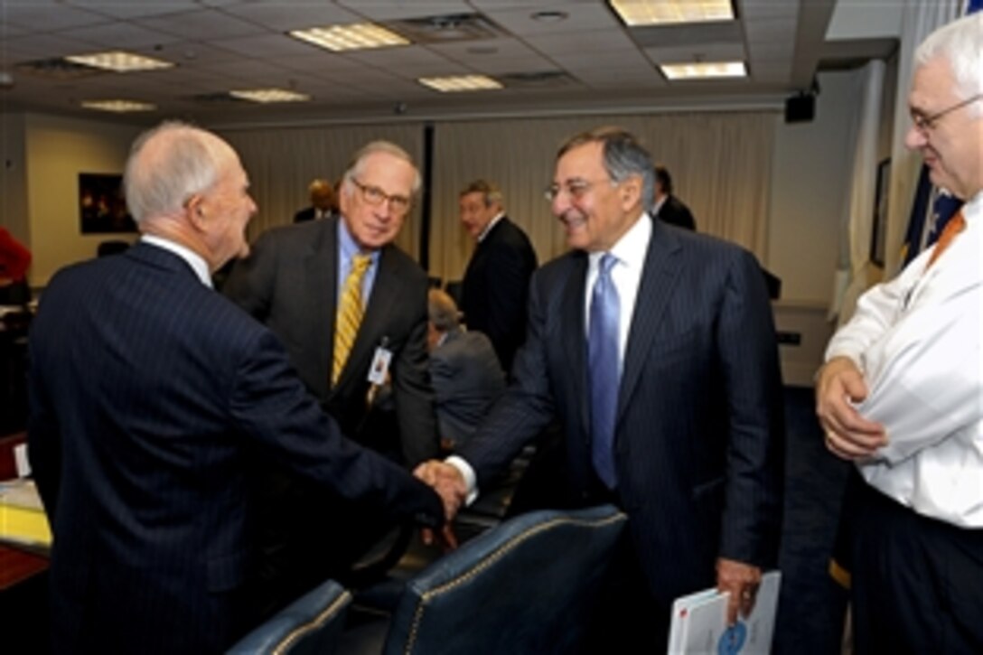 As the Defense Policy Board convenes for its annual meeting at the Pentagon, Nov. 29, 2011, Defense Secretary Leon E. Panetta, center right, greets Brent Scowcroft, former national security advisor left, former Sen. Sam Nunn, of Georgia, center, and former Deputy Defense Secretary John Hamre, right, now president and chief executive officer of the Center for Strategic and International Studies. Hamre also served as chairman of the Defense Policy Board.   
