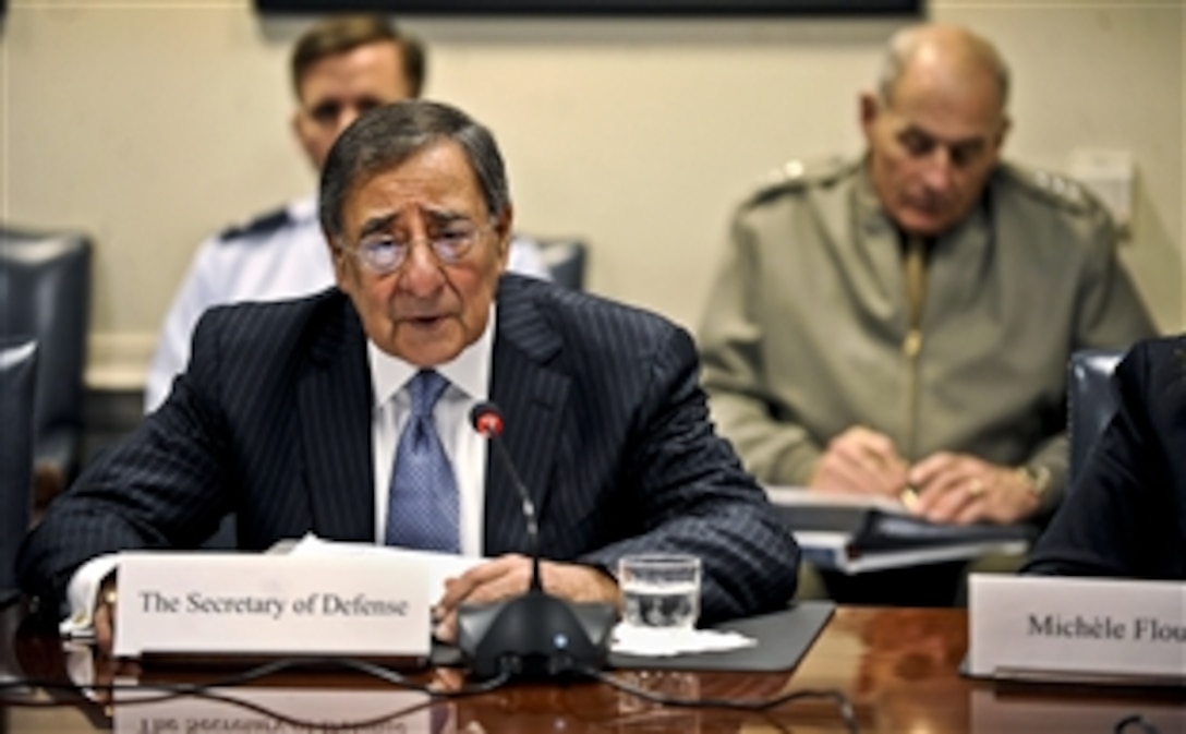 Defense Secretary Leon E. Panetta addresses a meeting of the Defense Policy Board at the Pentagon, Nov. 29, 2011. 