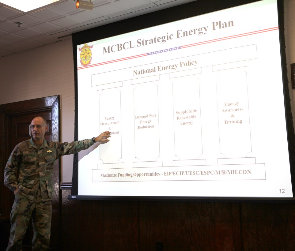 Navy Captain Craig Fulton, the assistant chief of staff of Installations, Facilities and Environment speaks during his presentation at the Camp Lejeune Energy Summit aboard Marine Corps Base Camp Lejeune on Nov. 30. Renovations and construction on MCB Camp Lejeune were discussed, they will pave the way to great reductions in energy usage, and all buildings are being constructed to consume less energy than national standards. (Official U.S. Marine Corps Photo by Pfc. Jackeline M. Perez Rivera)