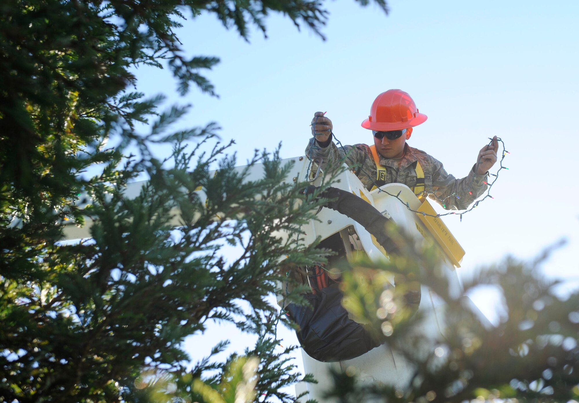 VANDENBERG AIR FORCE BASE, Calif. -- Airman 1st Class Garrett Oats of the 30th Civil Engineer Squadron strings colorful holiday lights around the tree in front of building 11777 here Wednesday, Nov. 30, 2011. Team Vandenberg personnel and their families are invited to attend the tree-lighting ceremony Tuesday, Dec. 6, 2011, at 4 p.m. (U.S. Air Force photo/Master Sgt. John Peters)