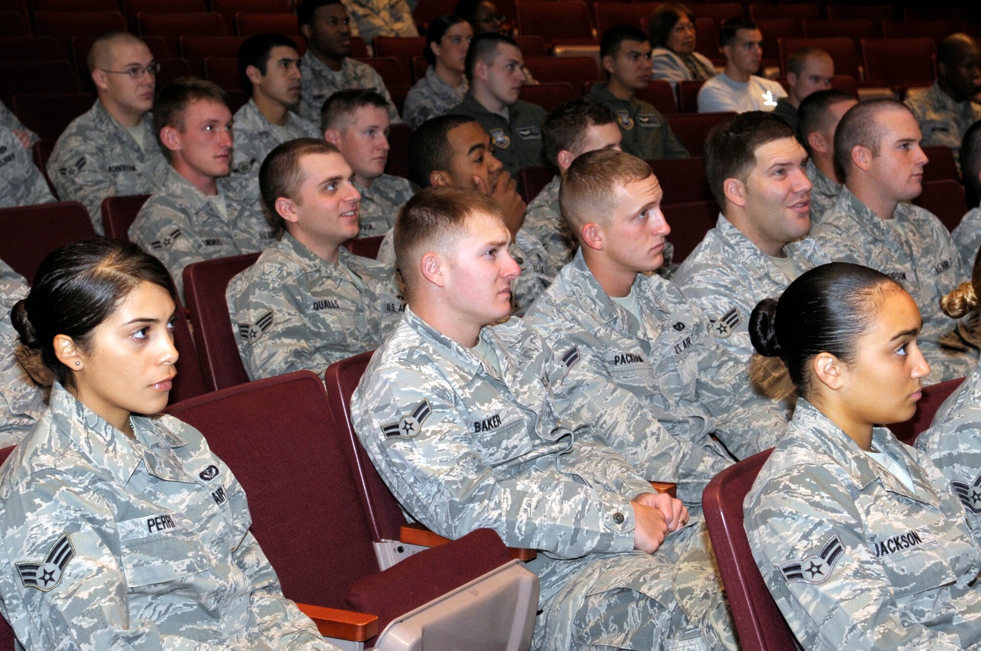 VANDENBERG AIR FORCE BASE, Calif. -- Airmen listen to a safety presentation here Wednesday, Nov. 30, 2011. The Street Smart presentation is part of a national program created by Florida Stay Alive From Education in 1988 to help reduce the occurrence of drinking and driving. 
(U.S. Air Force photo/Jerry E. Clemens, Jr.)
