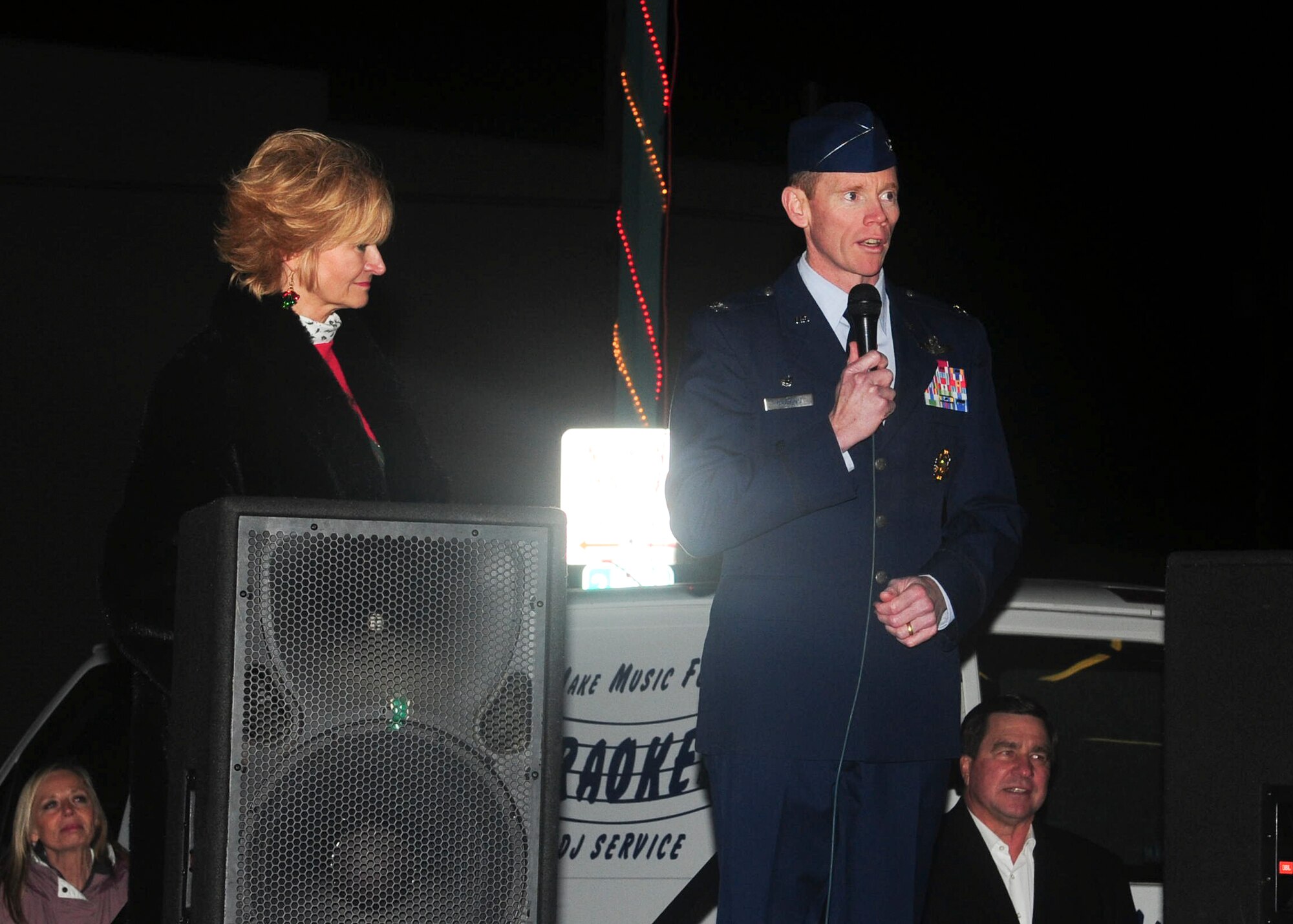 MINOT, N.D. -- Col. James Dawkins Jr., 5th Bomb Wing commander, addressed the audience at this year's Christmas Open House and Tree Lighting Ceremony here, Nov. 25. Events such as this offer an opportunity for Airmen and their families to enjoy the holidays together with the local community. (U.S. Air Force photo/Senior Airman Michael J. Veloz)

