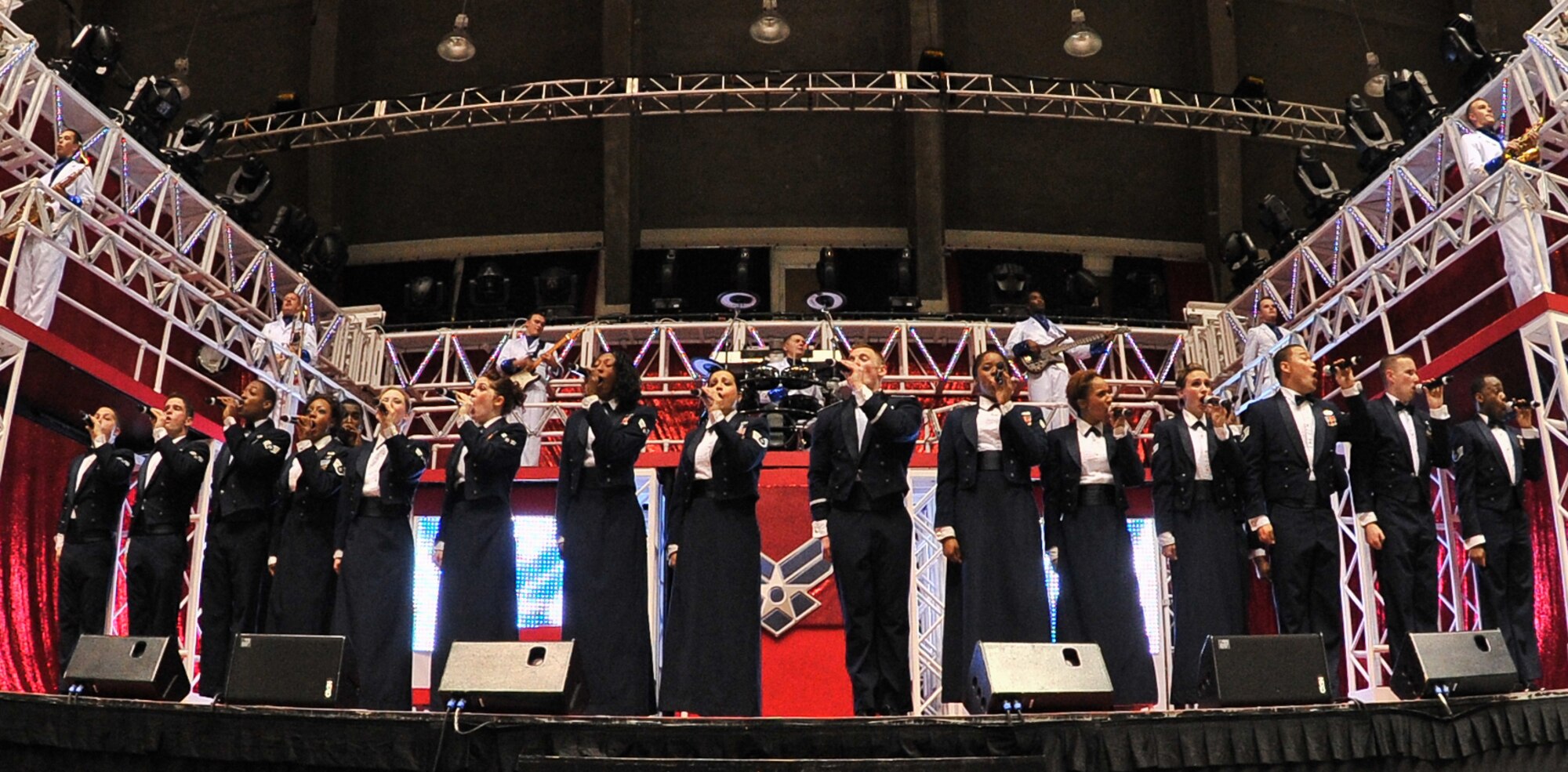 Members of the U.S Air Force Tops in Blue perform during their "Rhythm
Nation" tour Nov. 29 at the University of Guam Field House in Mangilao,
Guam. Tops in Blue serves as an expeditionary entertainment unit and
provides quality entertainment for the Air Force family while simultaneously
promoting community relations, supporting recruiting efforts, and serving as
ambassadors for the Unites States and the U.S. Air Force. (U.S. Air Force
photo by Staff Sgt. Alexandre Montes/released)
