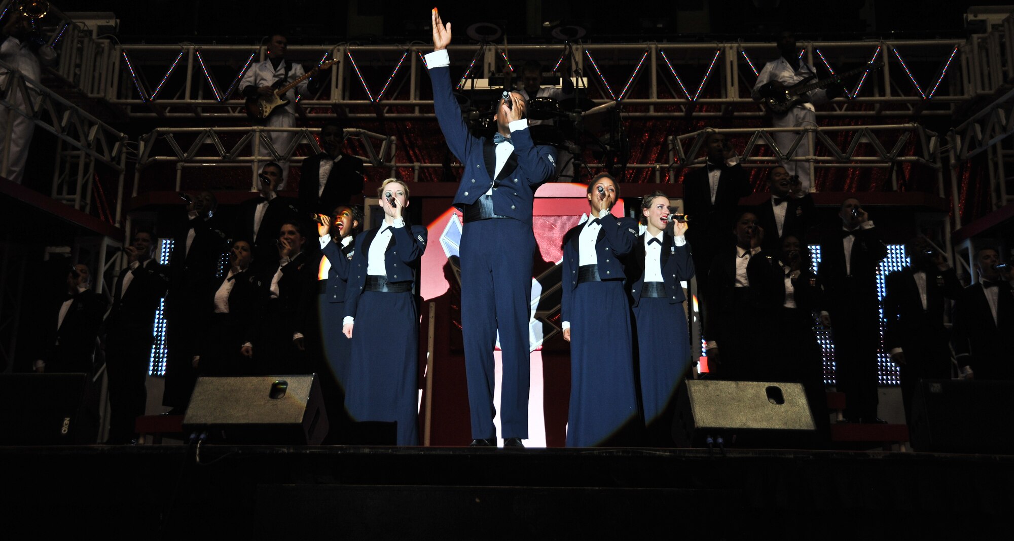 Members of the U.S Air Force Tops in Blue perform during their "Rhythm
Nation" tour Nov. 29 at the University of Guam Field House in Mangilao,
Guam. Tops in Blue serves as an expeditionary entertainment unit and
provides quality entertainment for the Air Force family while simultaneously
promoting community relations, supporting recruiting efforts, and serving as
ambassadors for the Unites States and the U.S. Air Force. (U.S. Air Force
photo by Staff Sgt. Alexandre Montes/released)
