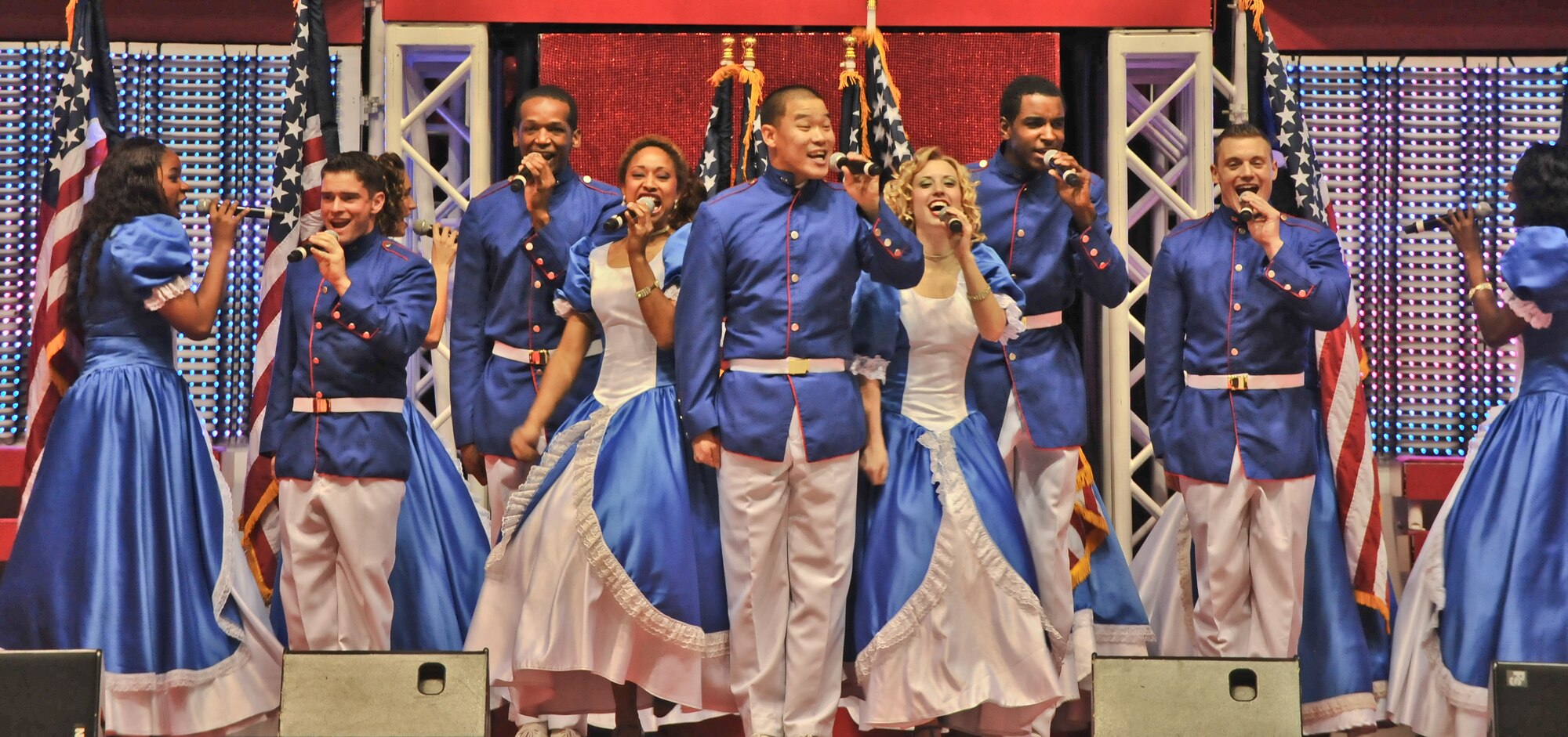 Members of the U.S Air Force Tops in Blue perform during their “Rhythm Nation” tour Nov. 29 at the University of Guam Field House in Mangilao, Guam. Tops in Blue serves as an expeditionary entertainment unit and provides quality entertainment for the Air Force family while simultaneously promoting community relations, supporting recruiting efforts, and serving as ambassadors for the Unites States and the U.S. Air Force. (U.S. Air Force photo by Staff Sgt. Alexandre Montes/released)