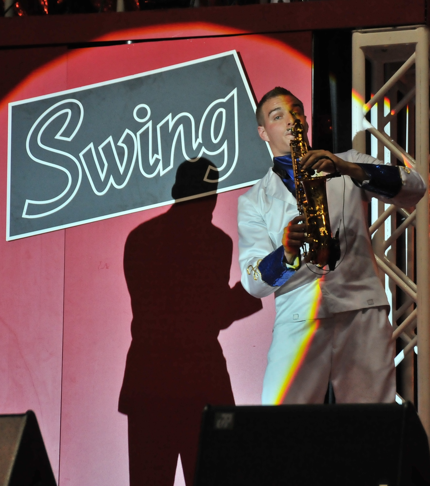 Airman First Class Ryan Ratkowski, Tops in Blue saxophone musician, performs during their “Rhythm Nation” tour Nov. 29 at the University of Guam Field House in Mangilao, Guam. Tops in Blue serves as an expeditionary entertainment unit and provides quality entertainment for the Air Force family while simultaneously promoting community relations, supporting recruiting efforts, and serving as ambassadors for the Unites States and the U.S. Air Force. (U.S. Air Force photo by Staff Sgt. Alexandre Montes/released)