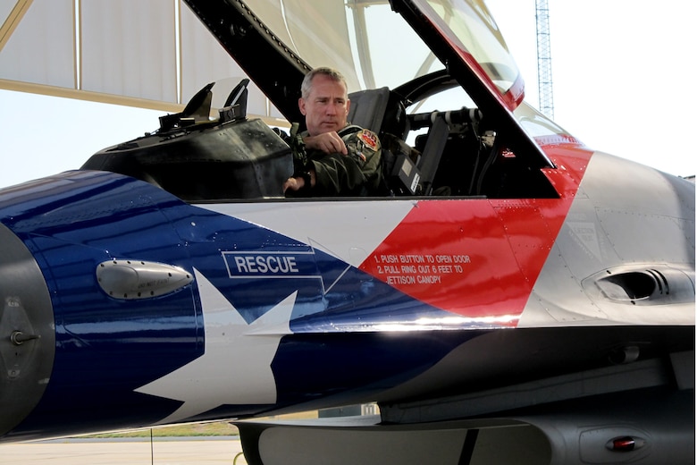 The Texas Air National Guard's 149th Fighter Wing's flagship F-16 returning to Lackland Air Force Base after being painted to honor the 65th anniversary of the unit's affiliation with the Air National Guard, Sept. 29, 2011.  Colonel (Col.) John Kane, wing commander, prepares to exit the multi-role fighter aircraft.  (Air National Guard photo by Staff Sgt. Phil Fountain/Released)