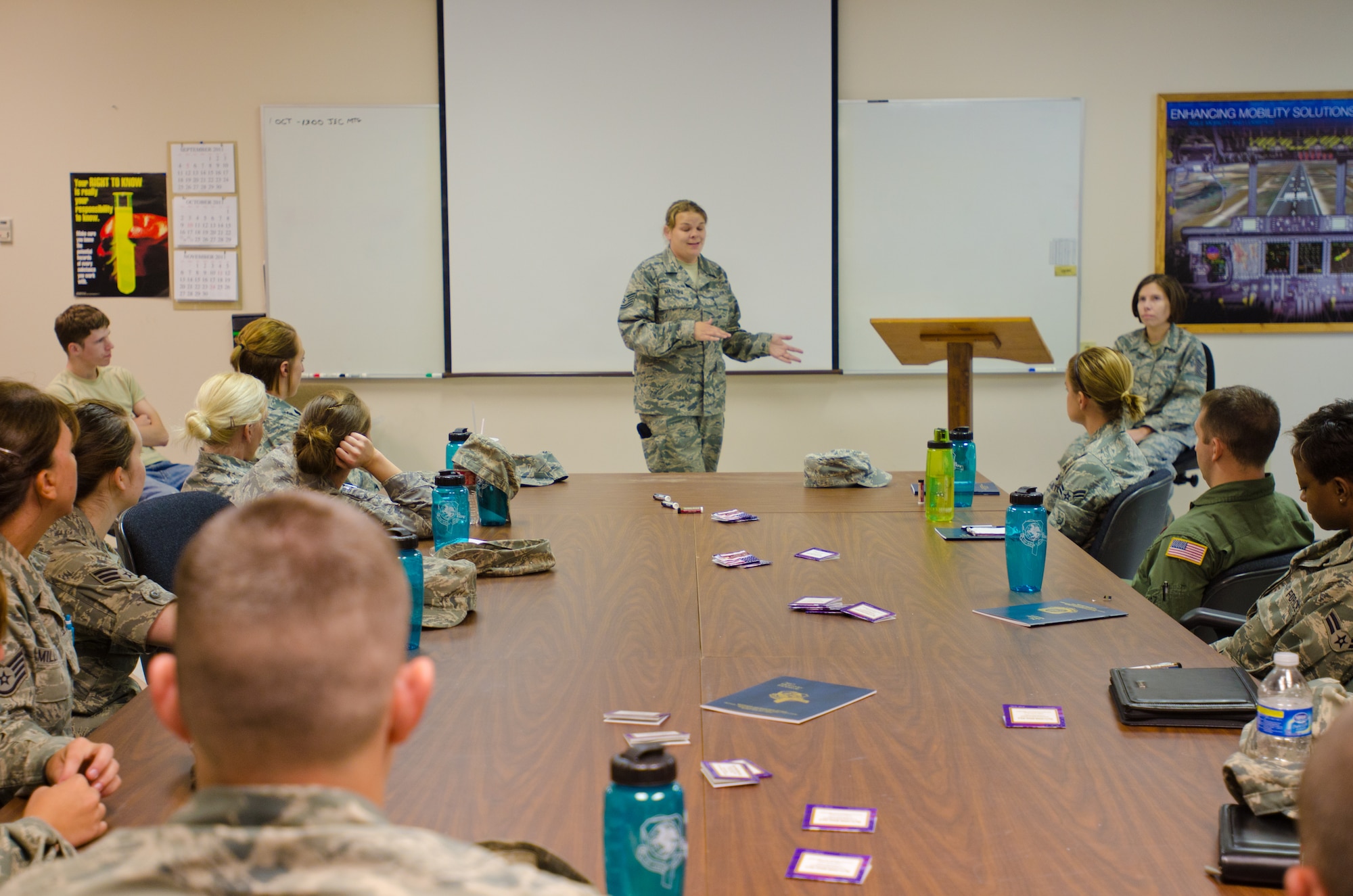 Tech. Sgt. Tia Master addresses the Junior Enlisted Council for the 139th Airlift, Saturday October 1, 2011.  The Junior Enlisted Council assits the needs of all enlisted on the base.  (U.S. Air Force photo by Airman First Class Kelsey Stuart)