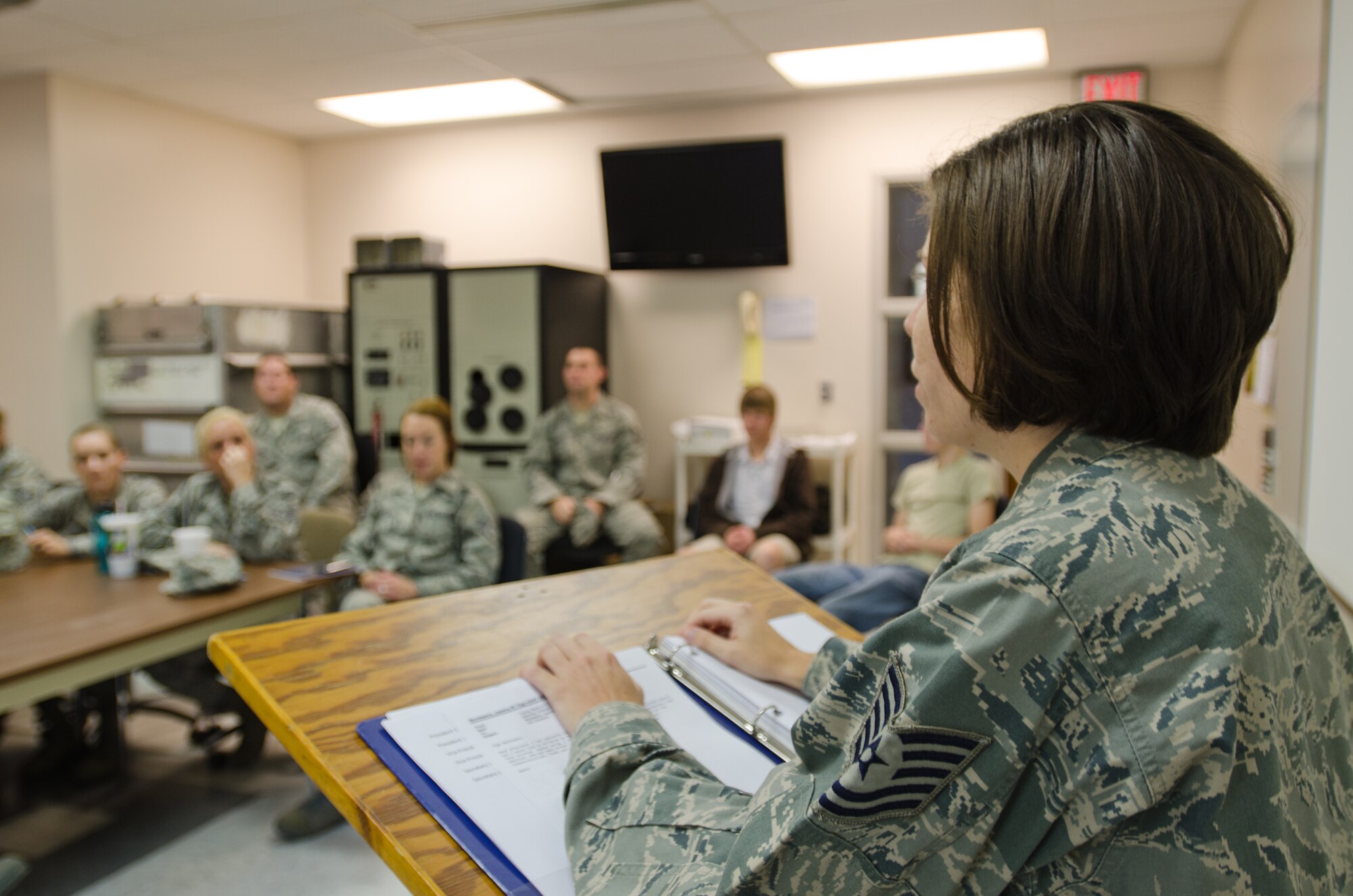 Tech. Sgt. Jessica Montesono addresses the Junior Enlisted Council for the 139th Airlift, Saturday October 1, 2011.  The Junior Enlisted Council assits the needs of all enlisted on the base.  (U.S. Air Force photo by Airman First Class Kelsey Stuart)