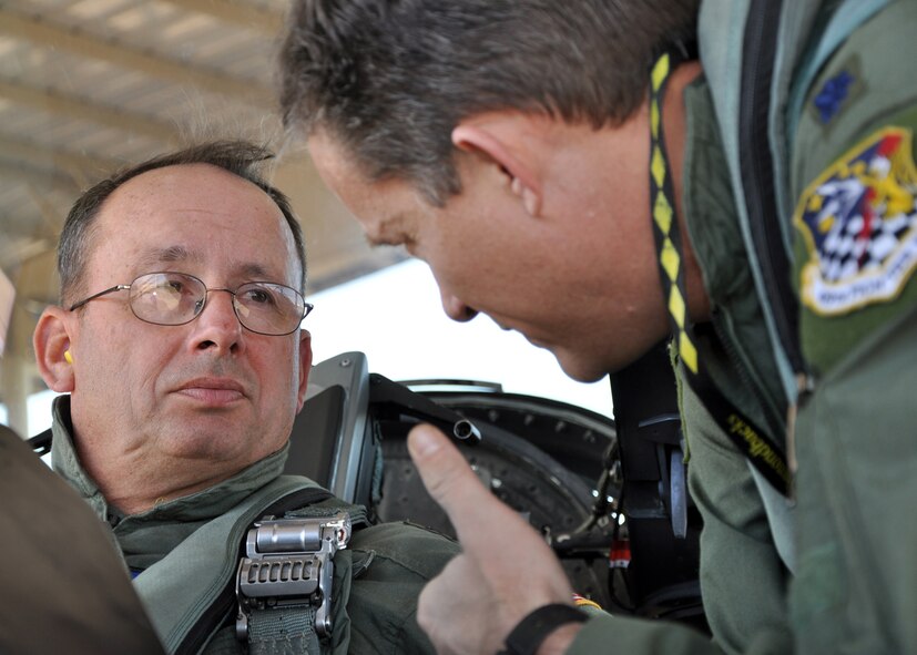 Major General Brian Tarbet, Utah National Guard Adjutant General, receives some final flight prep tips from 419th Fighter Wing pilot, Lt. Col. Thomas Klingensmith, prior to an F-16 familiarization flight yesterday. Tarbet strapped in for the training flight to get a pilot’s perspective on how Hill's Air Force Reserve personnel and F-16 aircraft support ground operations. Tarbet is responsible for 6,500 National Guard Soldiers and Air National Guard Airmen across Utah. (U.S. Air Force photo/Tech. Sgt. Richard Gonzales)
