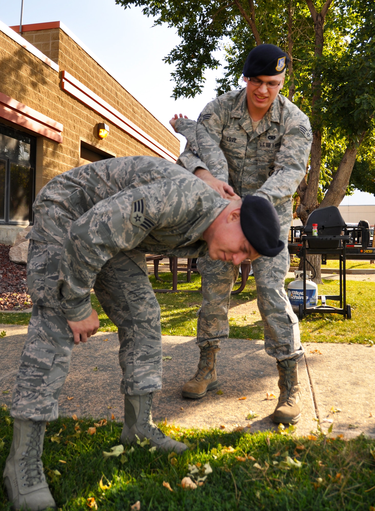 Senior Airman Jared Love, 419th Security Forces Squadron, practices hand-to-hand combat training with a fellow Airman. SFS personnel may be forced to use these techniques should someone resist arrest or capture. (U.S. Air Force photo/Airman 1st Class Crystal Charriere)