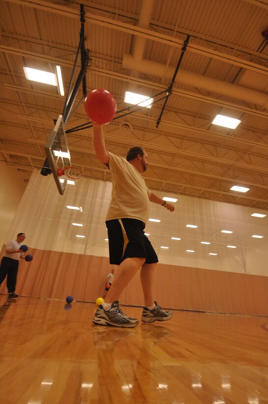 934th Airlift Wing Financial Managment members get in a game of dodgeball at the fitness center. Besides team building, mebers get in some good physical activity. Minneapolis ARS MN. (Air Force Photo/TSgt Bob Sommer)