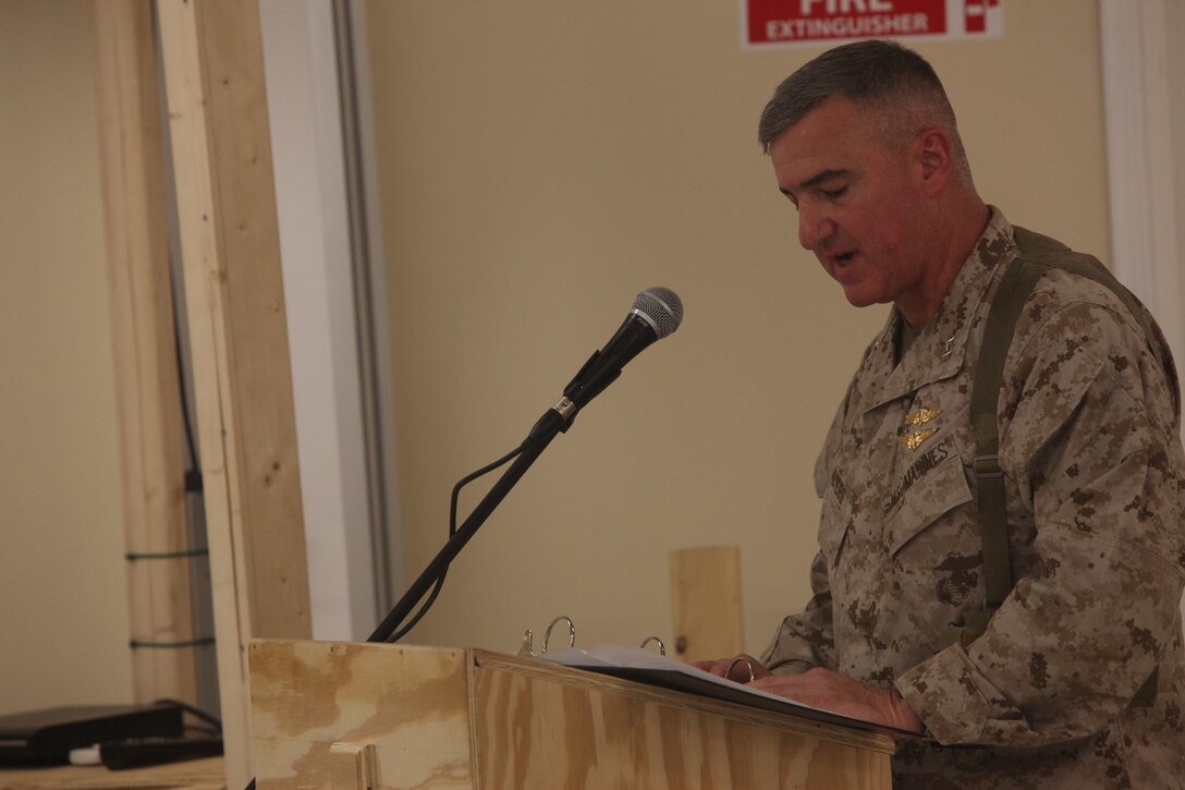 Maj. Gen. Glenn Walters, commanding general of 2nd Marine Aircraft Wing (Forward), speaks at a memorial ceremony for Capt. Ryan Iannelli at the chapel on Camp Dwyer, Afghanistan, Oct. 3. Iannelli, an AH-1W Super Cobra pilot with Marine Light Attack Helicopter Squadron 269, and a native of East Greenwich Township, N.J., died Sept. 28 supporting combat operations in Helmand province, Afghanistan.