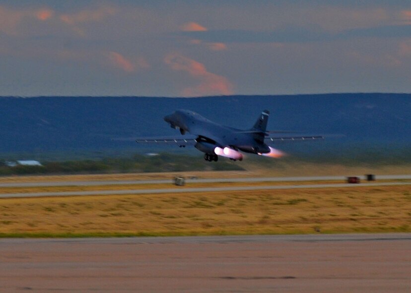 A B-1 Bomber takes off at dusk, Sept. 28, 2011, at Dyess Air Force Base, Texas. The B-1 Bomber carries the largest payload of both guided and unguided weapons in the Air Force Inventory. (U.S. Air Force photo by Airman 1st Class Cierra Bullock/Released)