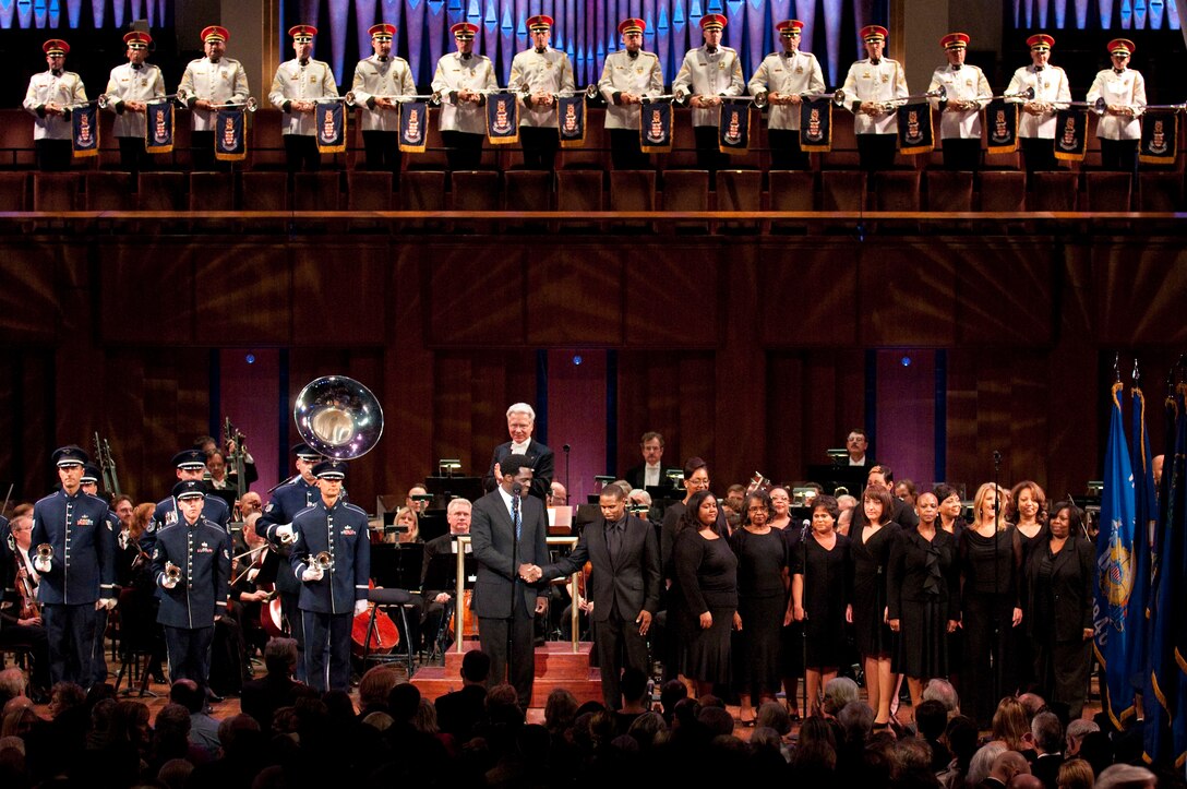 The USAF Band Ceremonial Brass performs at the Kennedy Center in Washington, D.C.  on September 8, 2011, with Duawne Starling, the Voices of Inspiration chorus, members of the National Symphony Orchestra, and the U.S. Army Herald Trumpets.  This combined performance was a part of 9/11: 10 Years Later: An Evening of Remembrance and Reflection, a special event to commemorate, in words and music, the 10th anniversary of the tragedies that took place on September 11, 2001. (photo by Margot Schulman)