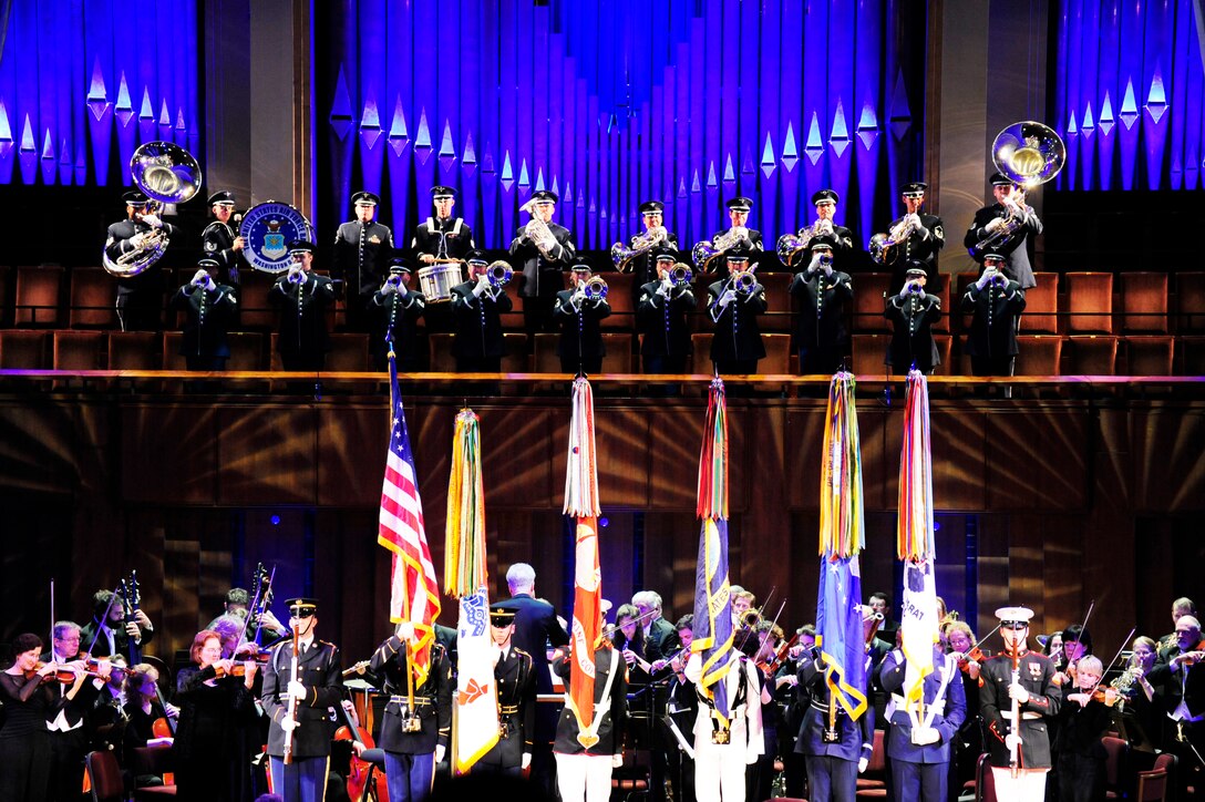 The USAF Band Ceremonial Brass performs at the Kennedy Center in Washington, D.C.  on September 8, 2011, with members of the National Symphony Orchestra and the Joint Service State and Territorial.  This combined performance was a part of 9/11: 10 Years Later: An Evening of Remembrance and Reflection, a special event to commemorate, in words and music, the 10th anniversary of the tragedies that took place on September 11, 2001. (photo by Margot Schulman)