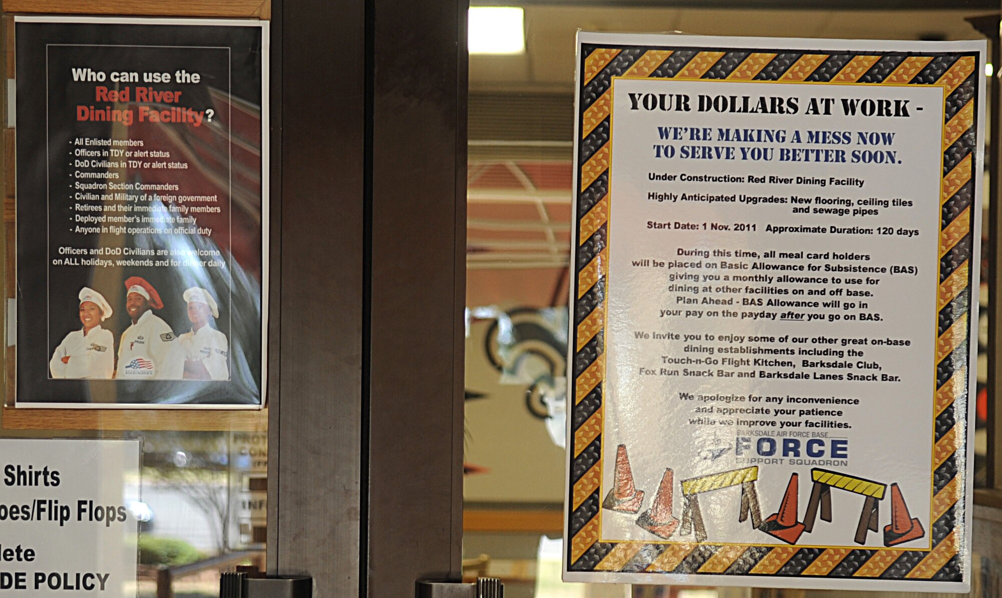 A sign for future renovations is posted on the door of the Red River Dining Facility on Barksdale Air Force Base, La., Oct. 3. The DFAC will close Nov. 1 for approximately 120 days of construction upgrades. Meal card holders will be placed on Basic Allowance for Subsistence for the duration of the project. (U.S. Air Force photo/Senior Airman Kristin High)(RELEASED)