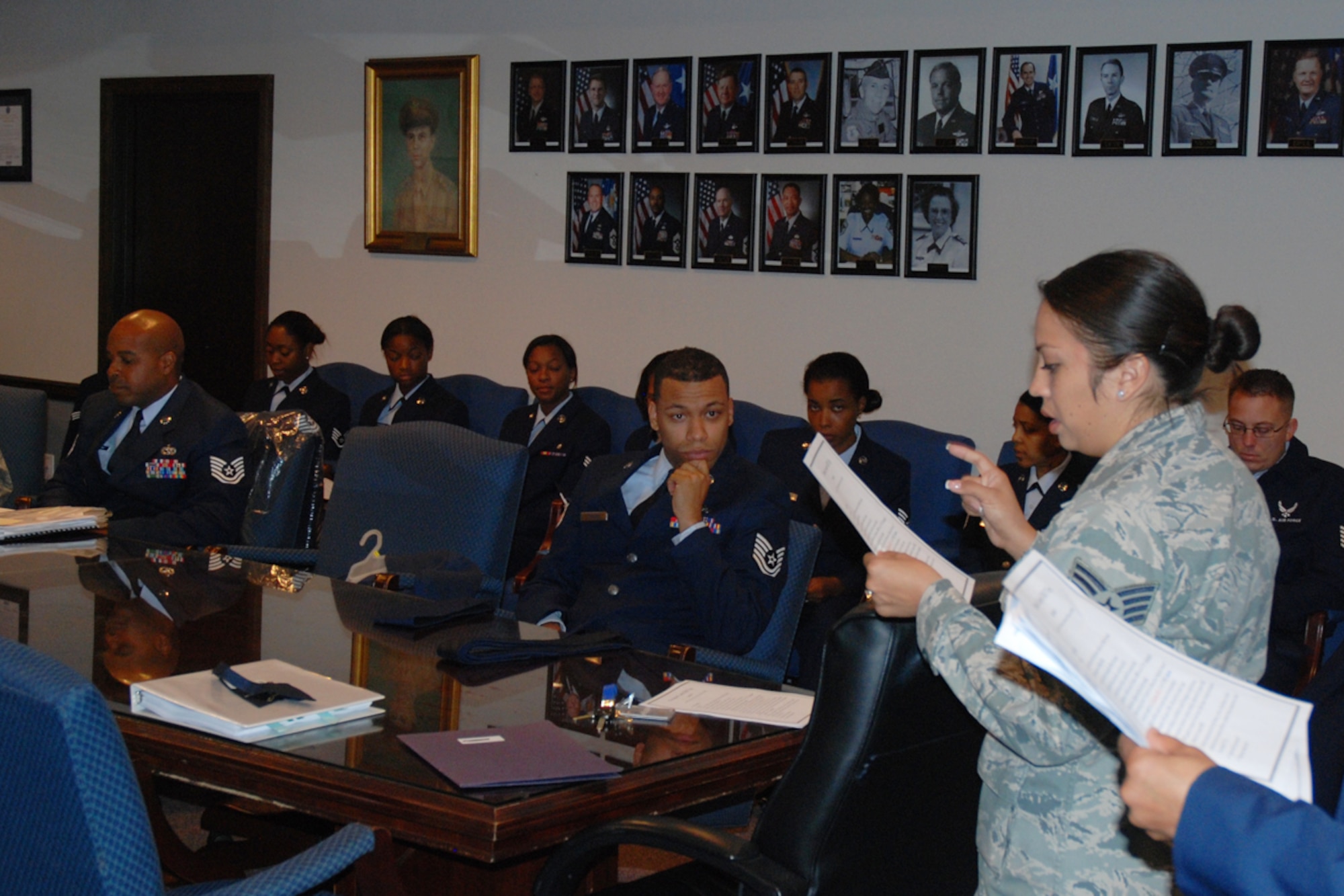 Staff Sgt. Dalia G. Nesmith, Equal Opportunity specialist, speaks to wing members prior to a Class A uniform inspection. Thirty-eight members of the 94th Airlift Wing were recently selected for a 4 day visit to Washington D.C. in Nov. (U.S. Air Force photo/Master Sgt. James Branch)