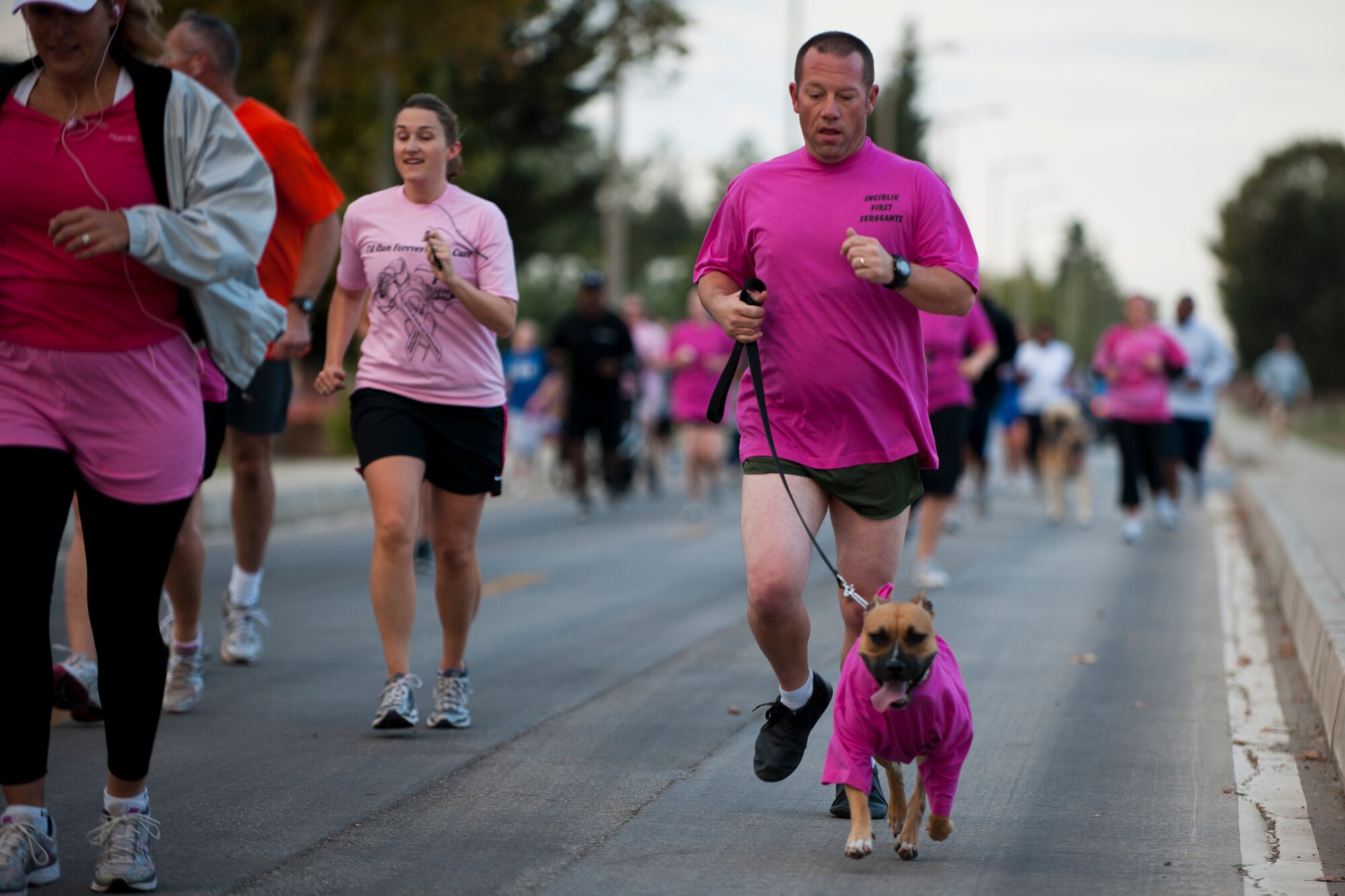Participants run during the 5K portion of the National Breast Cancer Awareness Month event Oct. 1, 2011, at Arkadas Park at Incirlik Air Base, Turkey. The event was sponsored by the Health and Wellness Center, fitness center and women's health clinic to raise breast cancer awareness and money for a donation to the Susan G. Komen For the Cure Foundation. (U.S. Air Force photo by Tech. Sgt. Michael B. Keller/Released)