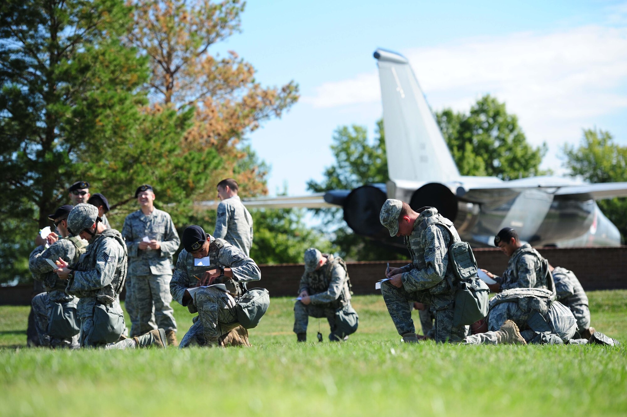 Members from the 509th Security Forces Squadron compete in the land navigation portion of the Air Force Global Strike Command Challenge try-outs here Sept. 21. Of those competing, seven will be chosen to represent Whiteman during the challenge. (U.S. Air Force photo/Senior Airman Nick Wilson) (RELEASED)