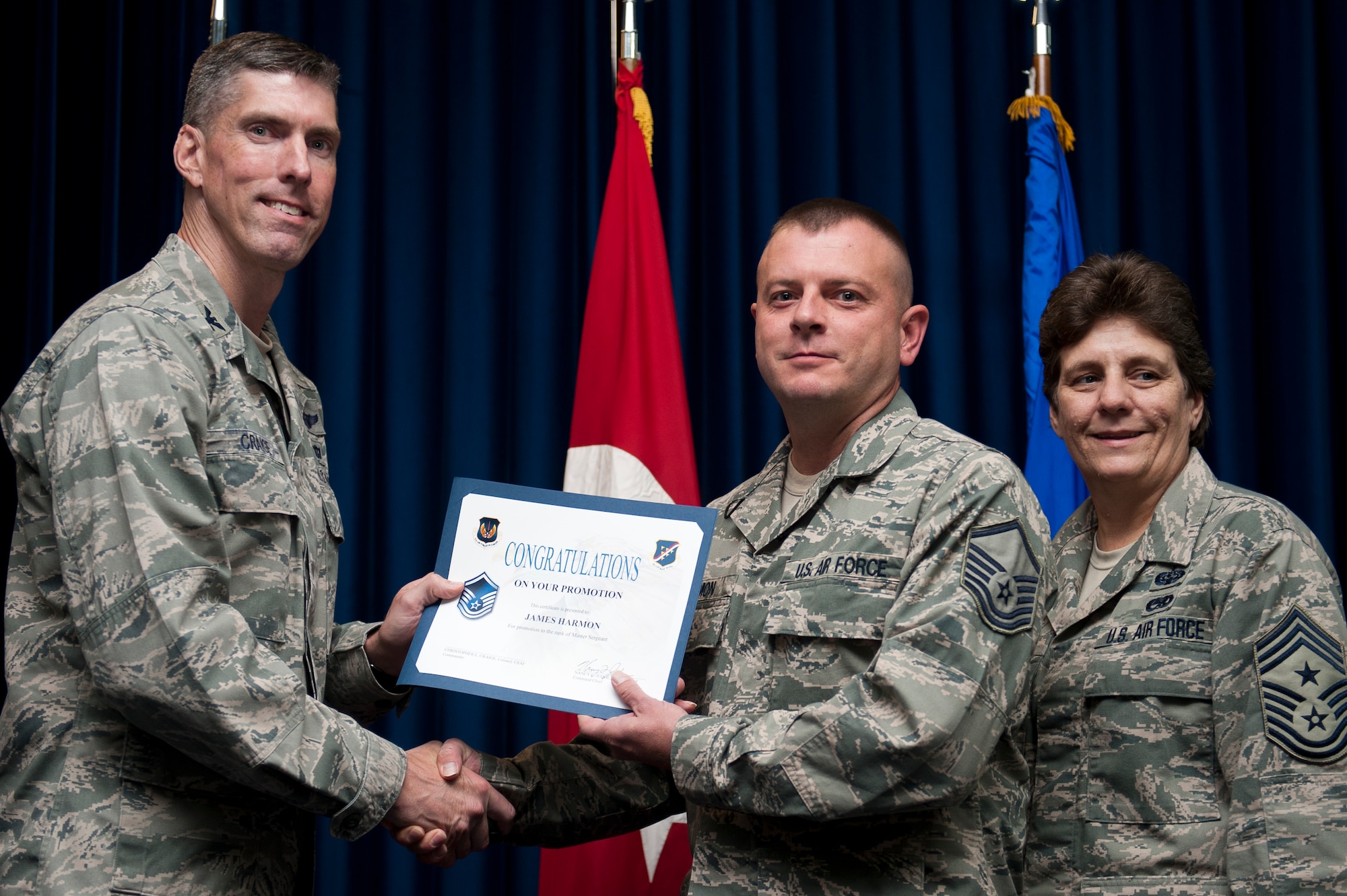 James Harmon, 728th Air Mobility Squadron, is promoted to the rank of master sergeant Sept. 30, 2011, at the Club Complex ballroom at Incirlik Air Base, Turkey. (U.S. Air Force photo by Tech. Sgt. Michael B. Keller/Released)
