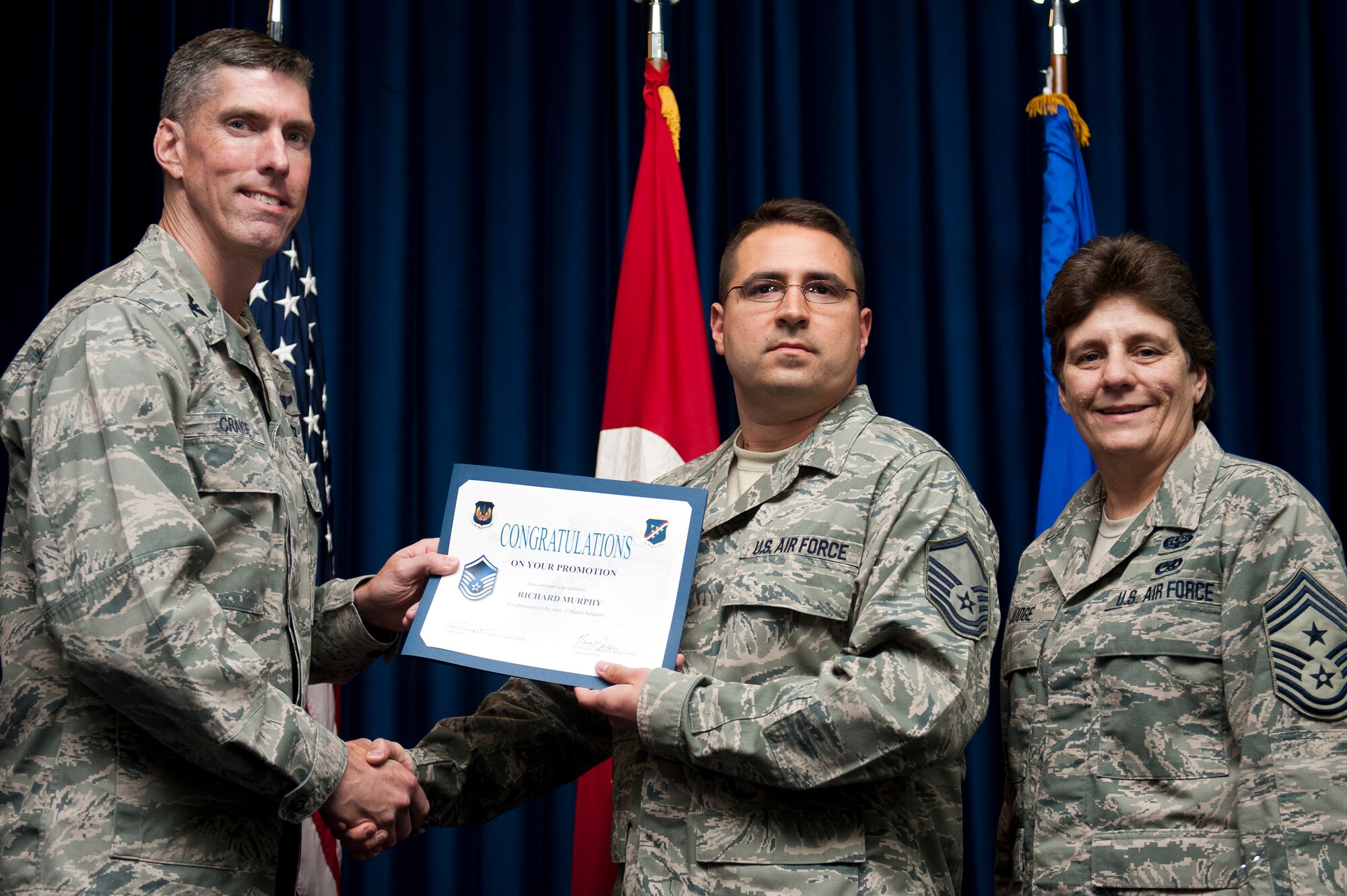 Richard Murphy, 728th Air Mobility Squadron, is promoted to the rank of master sergeant Sept. 30, 2011, at the Club Complex ballroom at Incirlik Air Base, Turkey. (U.S. Air Force photo by Tech. Sgt. Michael B. Keller/Released)