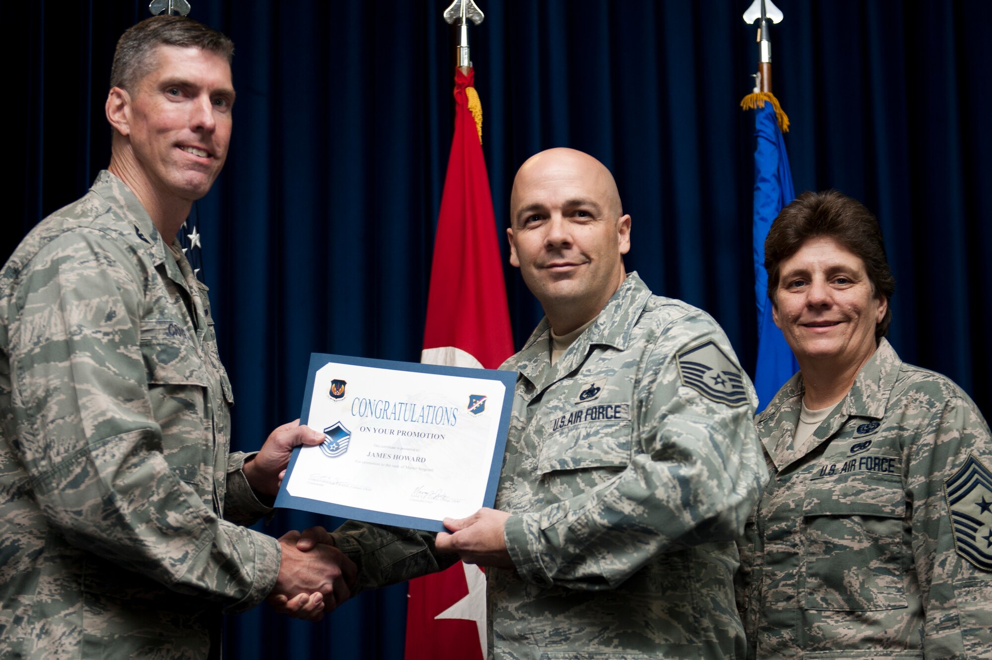 James Howard, 39th Logistics Readiness Squadron, is promoted to the rank of master sergeant Sept. 30, 2011, at the Club Complex ballroom at Incirlik Air Base, Turkey. (U.S. Air Force photo by Tech. Sgt. Michael B. Keller/Released)