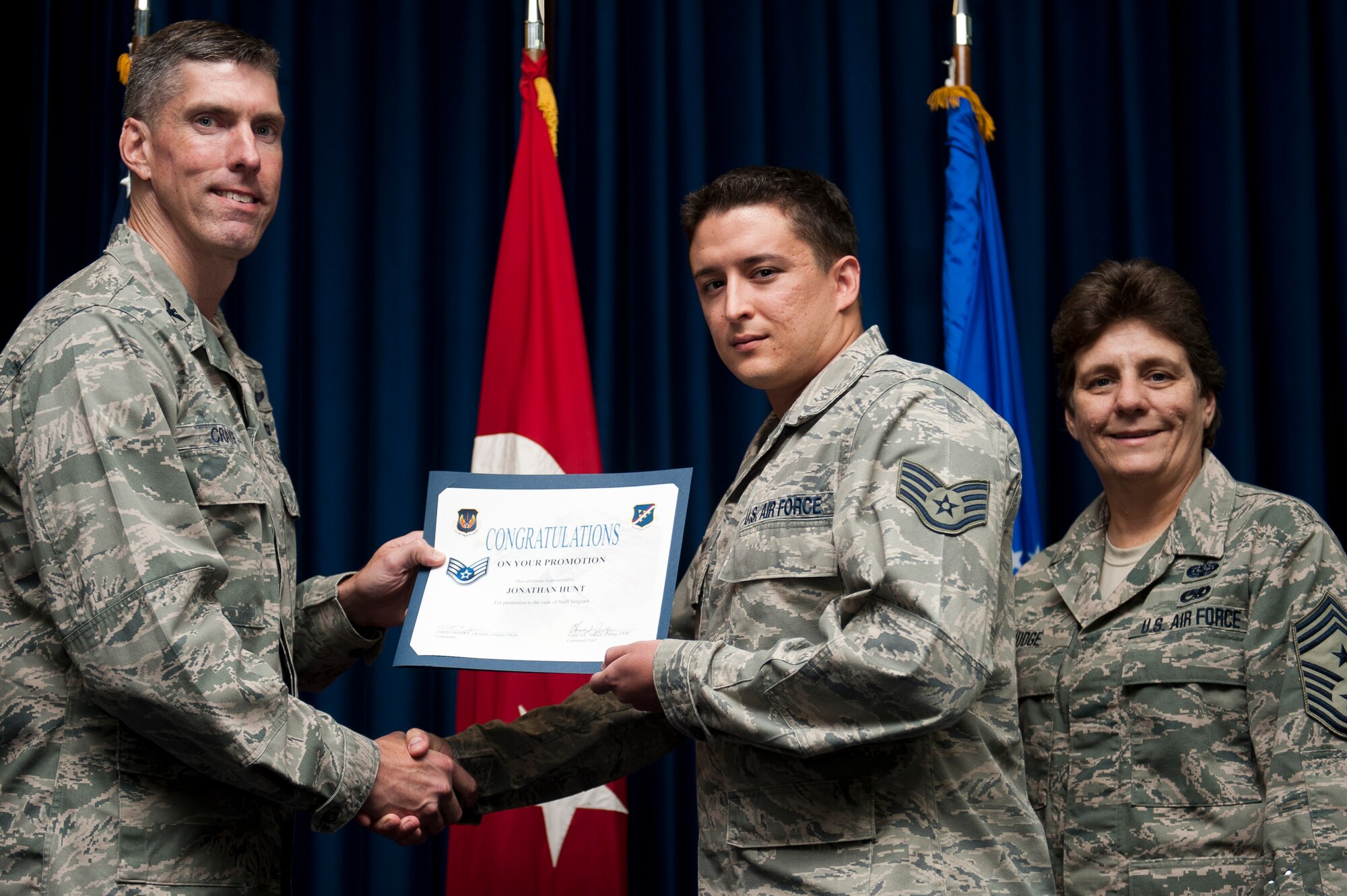 Jonathan Hunt, 39th Medical Operations Squadron, is promoted to the rank of staff sergeant Sept. 30, 2011, at the Club Complex ballroom at Incirlik Air Base, Turkey. (U.S. Air Force photo by Tech. Sgt. Michael B. Keller/Released)