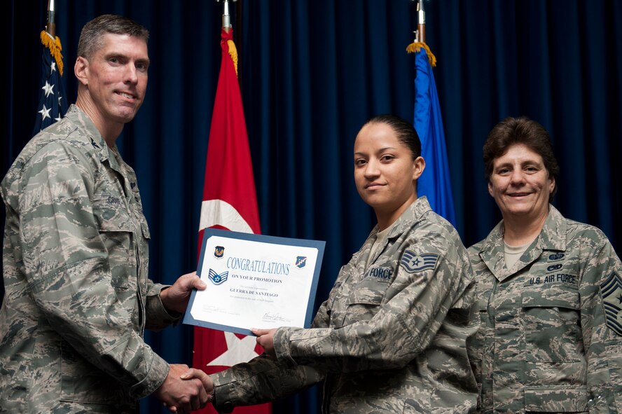 Maria De Santiago Guerra, 39th Medical Operations Squadron, is promoted to the rank of staff sergeant Sept. 30, 2011, at the Club Complex ballroom at Incirlik Air Base, Turkey. (U.S. Air Force photo by Tech. Sgt. Michael B. Keller/Released)