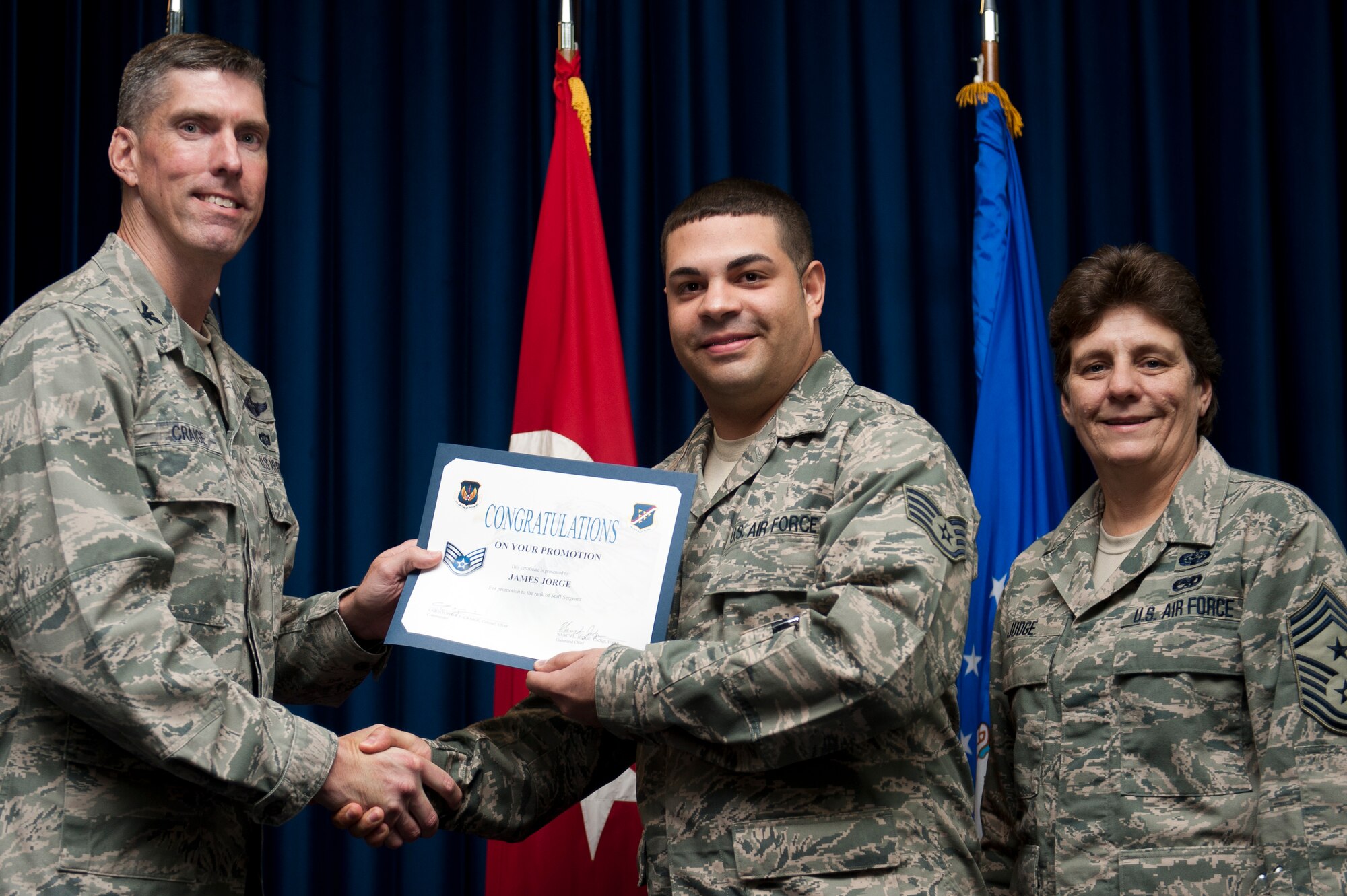 James Jorge, 39th Logistics Readiness Squadron, is promoted to the rank of staff sergeant Sept. 30, 2011, at the Club Complex ballroom at Incirlik Air Base, Turkey. (U.S. Air Force photo by Tech. Sgt. Michael B. Keller/Released)