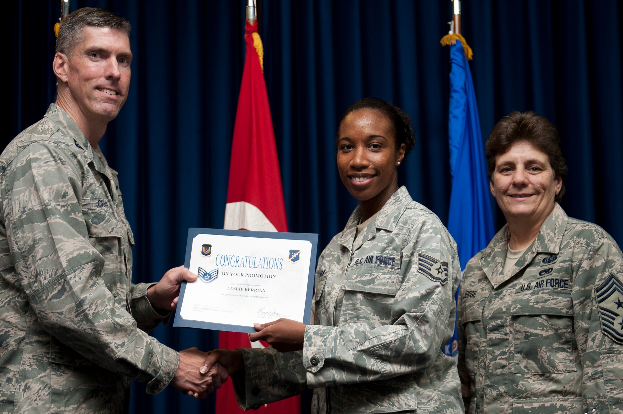 Leslie Berrian, 39th Logistics Readiness Squadron, is promoted to the rank of staff sergeant Sept. 30, 2011, at the Club Complex ballroom at Incirlik Air Base, Turkey. (U.S. Air Force photo by Tech. Sgt. Michael B. Keller/Released)