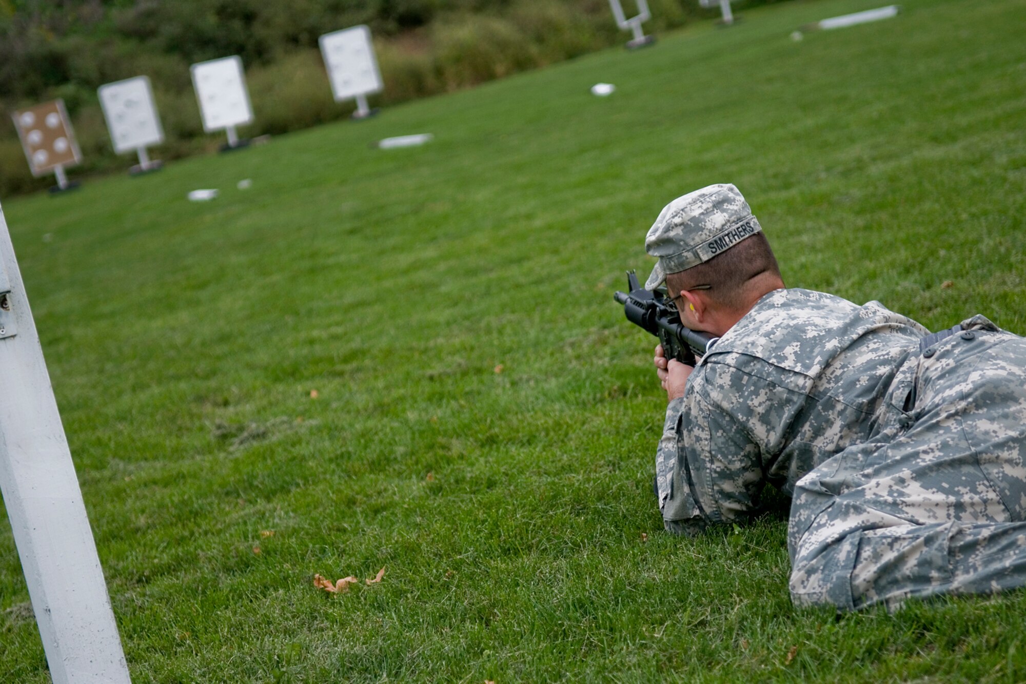 GRISSOM AIR RESERVE BASE, Ind. -- Staff Sgt. Chaston Smithers, 316th Tactical Psychological Operations Company, zeros in on his target at a shooting range. The shooting range was just one of the events that took place during the 2nd annual PSYOP Stakes Sept. 16. The Soldiers took part in the two-day event to assess their strengths and weaknesses in various areas. (U.S. Air Force photo/Senior Airman Jami K. Lancette)