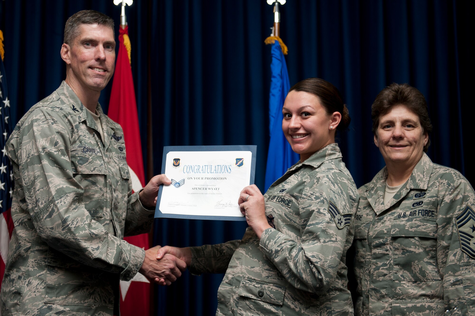 Spencer Wyatt, 39th Security Forces Squadron, is promoted to the rank of senior airman Sept. 30, 2011, at the Club Complex ballroom at Incirlik Air Base, Turkey. (U.S. Air Force photo by Tech. Sgt. Michael B. Keller/Released)