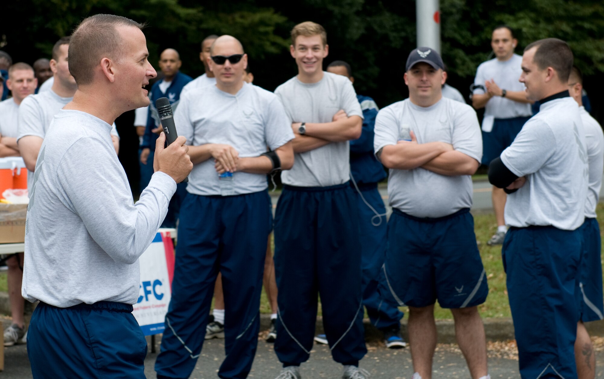 YOKOTA AIR BASE, Japan -- Col. Bill Knight, 374th Airlift Wing vice commander, speaks to participants before the start of a 5k run in support of the Combined Federal Campaign at Yokota Air Base, Japan, Oct. 3, 2011. October 3rd was the start of the 9-week long campaign, which raises money for more than 2,400 charitable organizations. (U.S. Air Force photo/Airman 1st Class Krystal M. Garrett)  