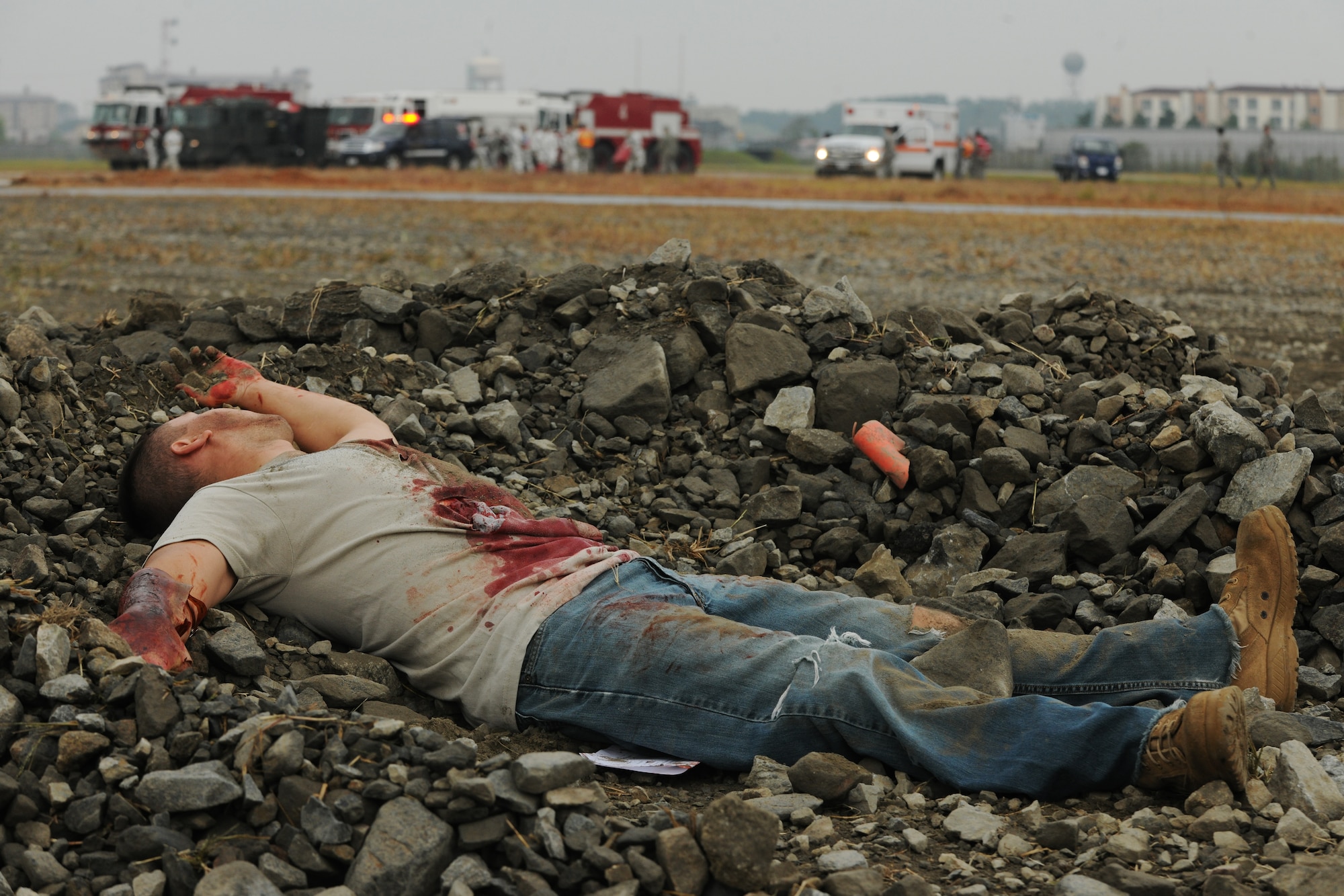 Airmen from the 8th Fighter Wing participate in a major accident response exercise at Kunsan Air Base, Republic of Korea, Sept. 29, 2011. The Wolf Pack’s first responders practiced their response to a simulated aircraft crash to ensure the base is ready to quickly respond to any real-world situation. (U.S. Air Force photo by Senior Airman Brittany Y. Bateman/Released)