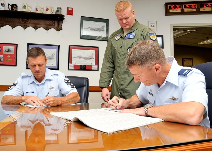 Maj. Jason Erb, 51st Fighter Wing combined federal campaign officer, observes while (left) Chief Master Sgt. Oscar Mackin, 51st Fighter Wing command chief master sergeant, and  Col. Patrick McKenzie, 51st Fighter Wing commander,  sign their  2011 CFC forms Oct 3, 2011. The CFC began here Oct. 3 and runs through Dec. 2. The mission of the CFC is to promote and support philanthropy through a program that is employee focused, cost-efficient, and effective in providing all federal employees the opportunity to improve the quality of life for all. (U.S. Air Force photo/Senior Airman Adam Grant)     
