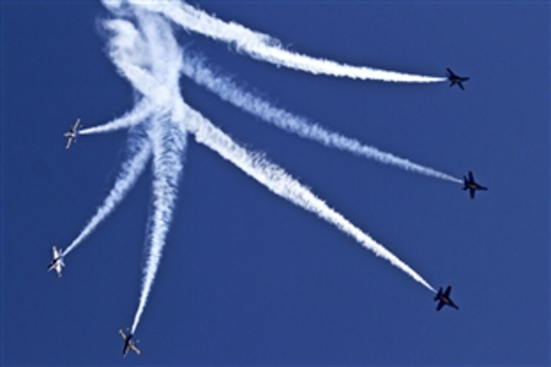The Blue Angels, the Navy's flight demonstration squadron, performs during the 2011 Marine Corps Air Station Miramar Air Show, Oct. 1, 2011. The Blue Angels performed stunts all three days of the air show.