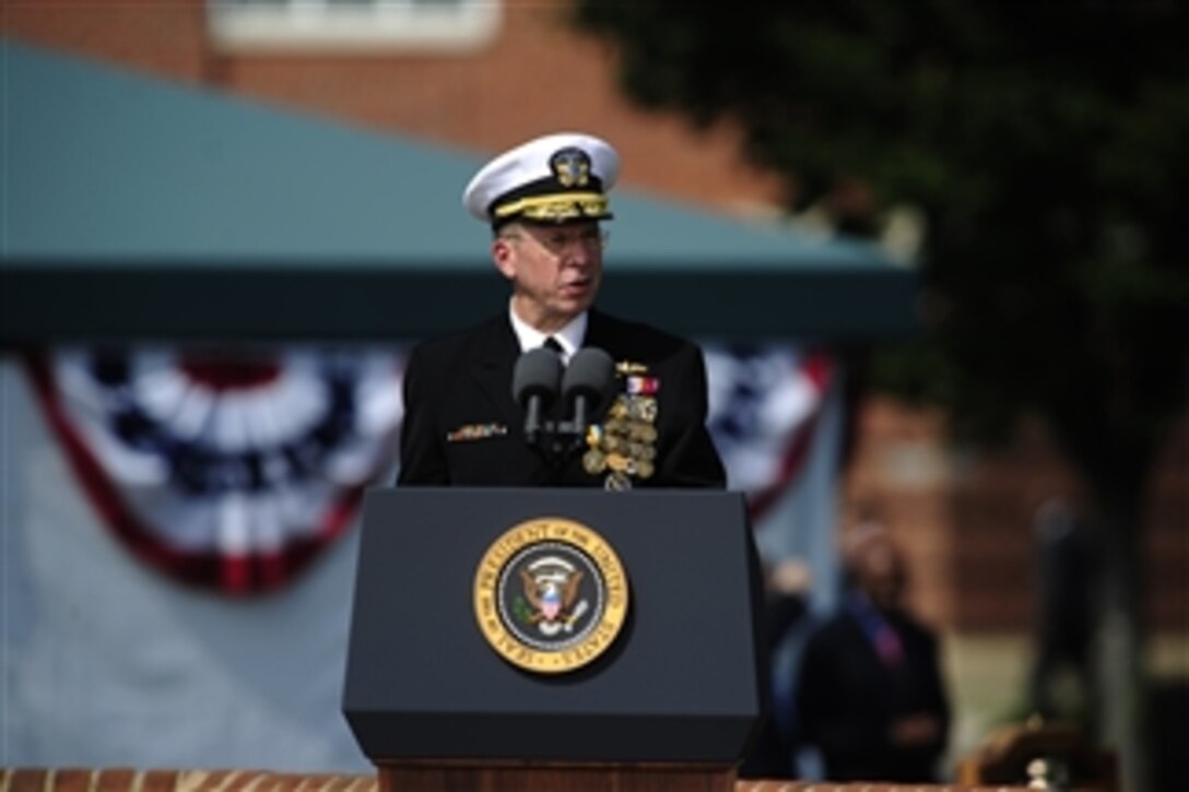 Chairman of the Joint Chiefs of Staff Adm. Mike Mullen, U.S. Navy, addresses the troops during the chairman of the Joint Chiefs of Staff change of responsibility ceremony at Summerall Field, Joint Base Myer-Henderson Hall, Va., on Sept. 30, 2011. Mullen was succeeded by Army Gen. Martin E. Dempsey as the 18th chairman of the Joint Chiefs of Staff.   