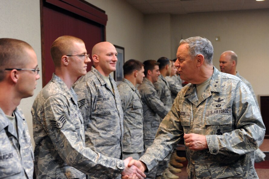 MINOT AIR FORCE BASE, N.D. -- Maj. Gen. Donald Alston, 20th Air Force commander, greets members of the 91st Missile Wing Global Strike Challenge team here Sept. 28. During Alston’s visit to Minot, which focused on the state of flood recovery efforts here, he also had the opportunity to visit with Global Strike Challenge team members to congratulate them on their success in having an opportunity to represent the 91st MW. (U.S. Air Force Photo/Senior Airman Aaron-Forrest Wainwright) 