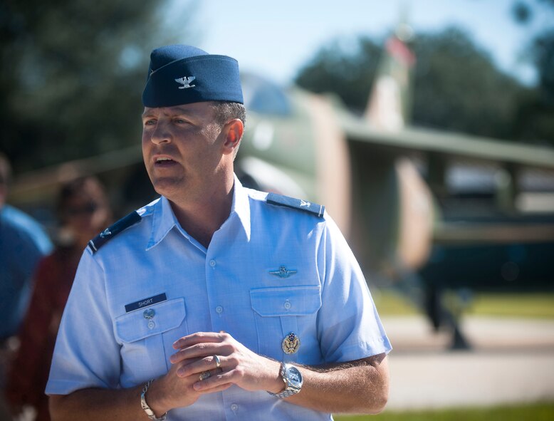 U.S. Air Force Col. Christopher Short, 23rd Wing vice commander, provides remarks during the arrival of a 111-pound piece of steel from the World Trade Center at Moody Air Force Base, Ga., Oct. 3, 2011. Short gave his remembrance of Sept. 11, 2011 and explained how Moody’s mission connects to the outside world through the motto “so that others may live.” (U.S. Air Force photo by Airman 1st Class Joshua Green/Released)      
