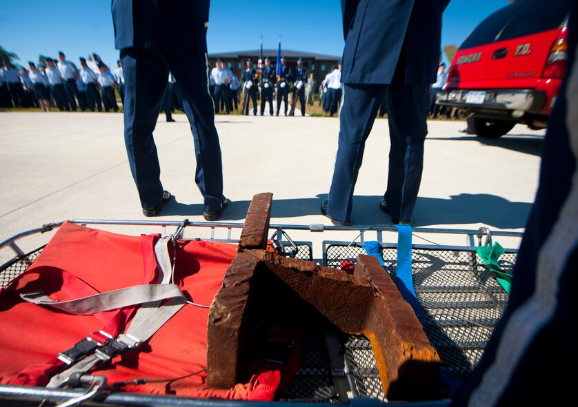 A 111-pound piece of steel from the World Trade Center sits in a litter after being transported from New York by Paul Jockimo, a firefighter from Westchester, N.Y., at Moody Air Force Base, Ga., Oct. 3, 2011. Jockimo spoke of the event as a small token of appreciation for the sacrifices military members make every day. (U.S. Air Force photo by Airman 1st Class Joshua Green/Released)   
