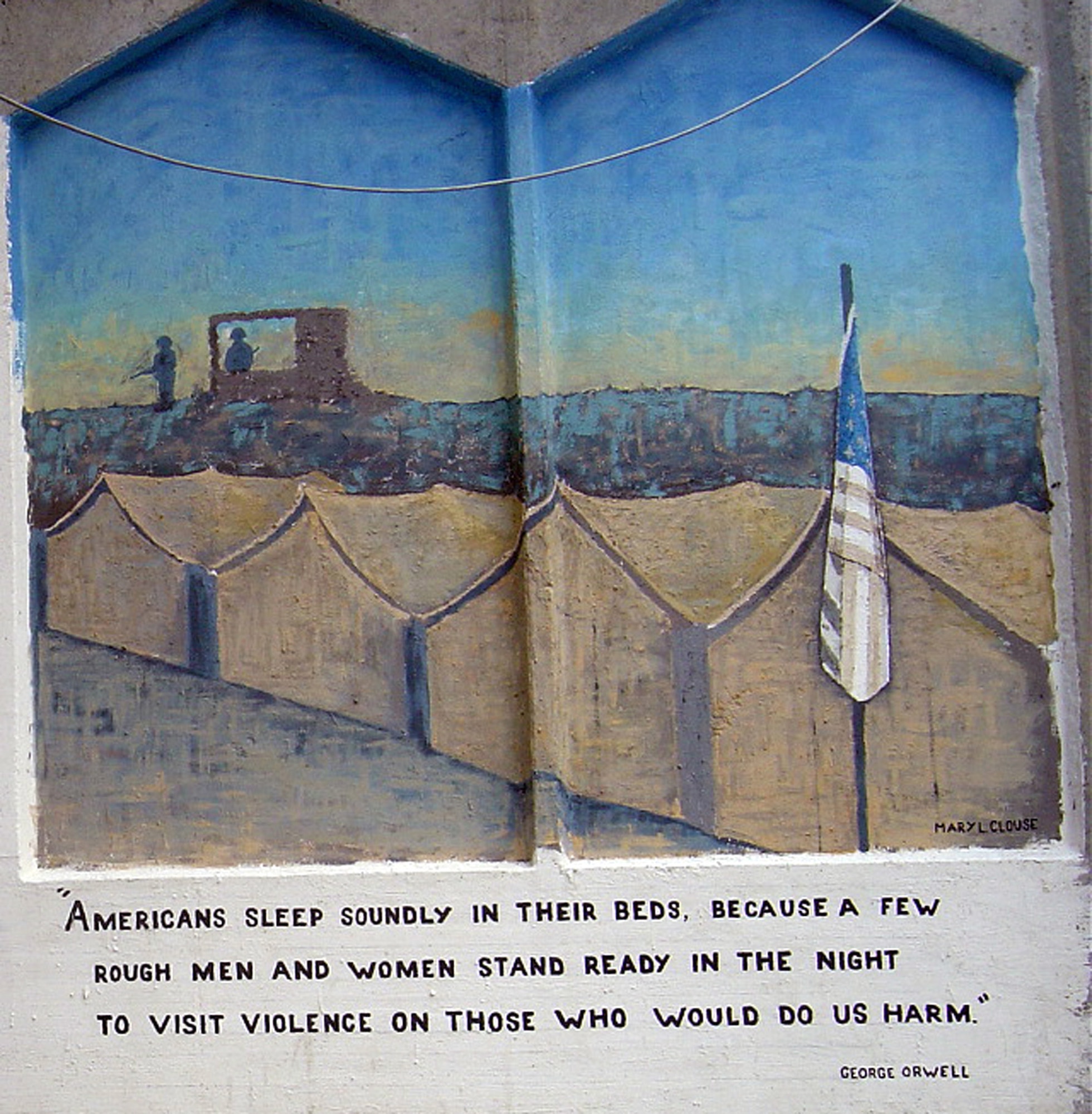 This is a mural, painted by Mary J. Clouse, depicting U.S. military personnel deployed at Karshi-Khanabad Air Base, Uzbekistan, after Sept. 11, 2001, as seen on a wall near the flightline on April 6, 2005. (U.S. Air Force Photo/Master Sgt. Scott T. Sturkol)