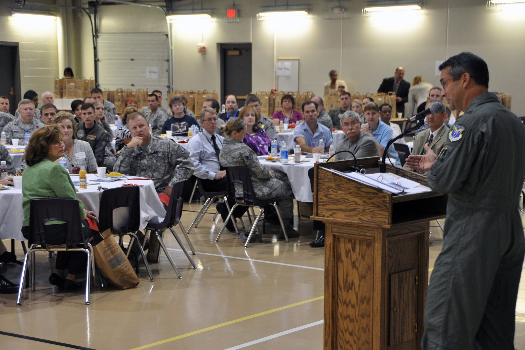 U.S. Air Force Brig. Gen. Donald J. Bacon, 55th Wing commander, speaks to Combined Federal Campaign representatives during a kick-off breakfast at the Lied Activity Center, Bellevue, Neb., Sept. 22. This year the CFC is celebrating 50 years of raising money for non-profit civilian organizations. (U.S. Air Force photo by Jeff W. Gates/Released)