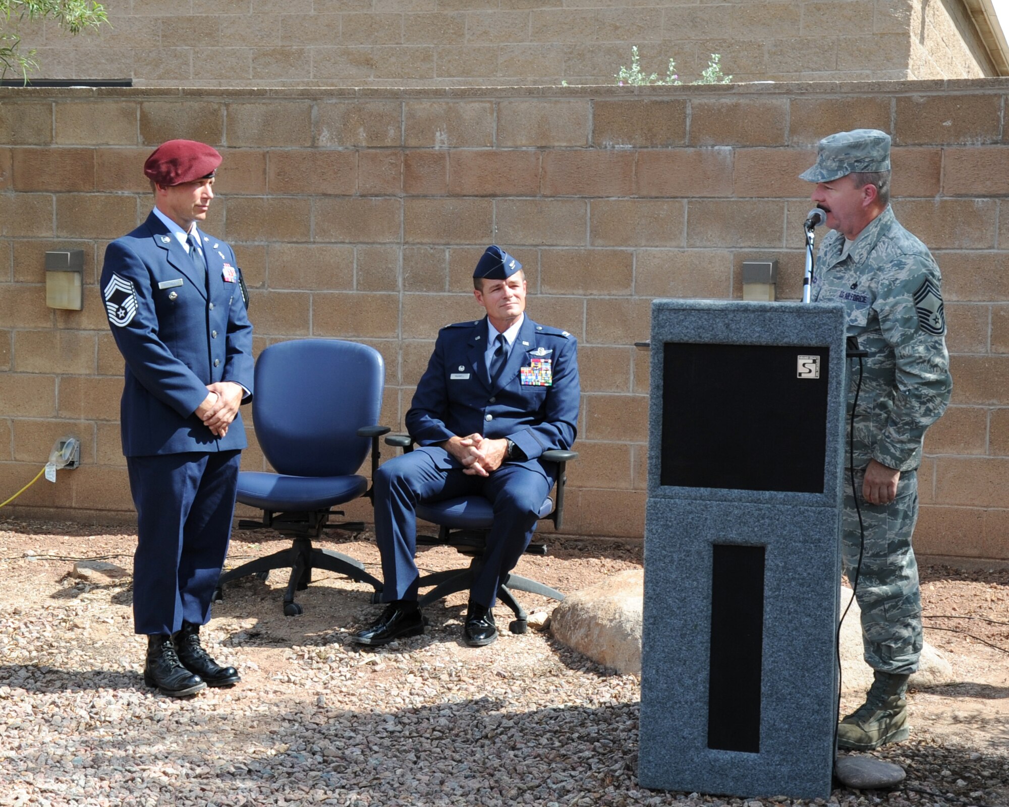 Chief Master Sgt. Jeffrey Hauck, 943rd Rescue Group superintendent, prepares to read the Chiefs Creed to Chief Master Sgt. Chris Tellsworth with the 306th Rescue Squadron. Chief Tellsworth was promoted to the highest rank an enlisted Airman can reach during the October Unit Training Assembly Weekend. (U.S. Air Force Photo/ Master Sgt. Luke Johnson)