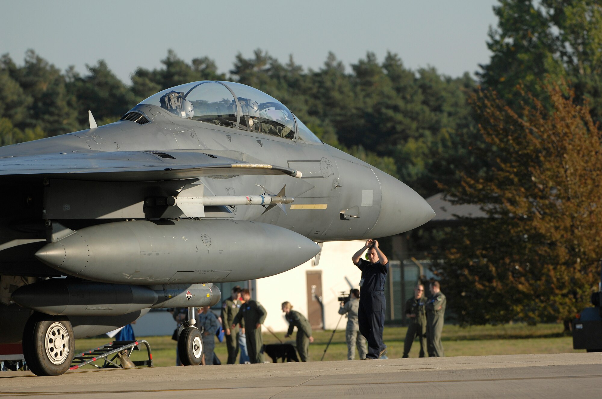 ROYAL AIR FORCE LAKENHEATH, England - An F-15E Strike Eagle prepares to shut down after a deployment Sept. 30, 2011.  Members of the 48th Fighter Wing and families greeted Airmen of the 494th Fighter Squadron who returned from deployment to Kunsan Air Base, South Korea where they supported the 8th FW's mission. (U.S.  photo by Tech. Sgt. Lee A. Osberry Jr.)