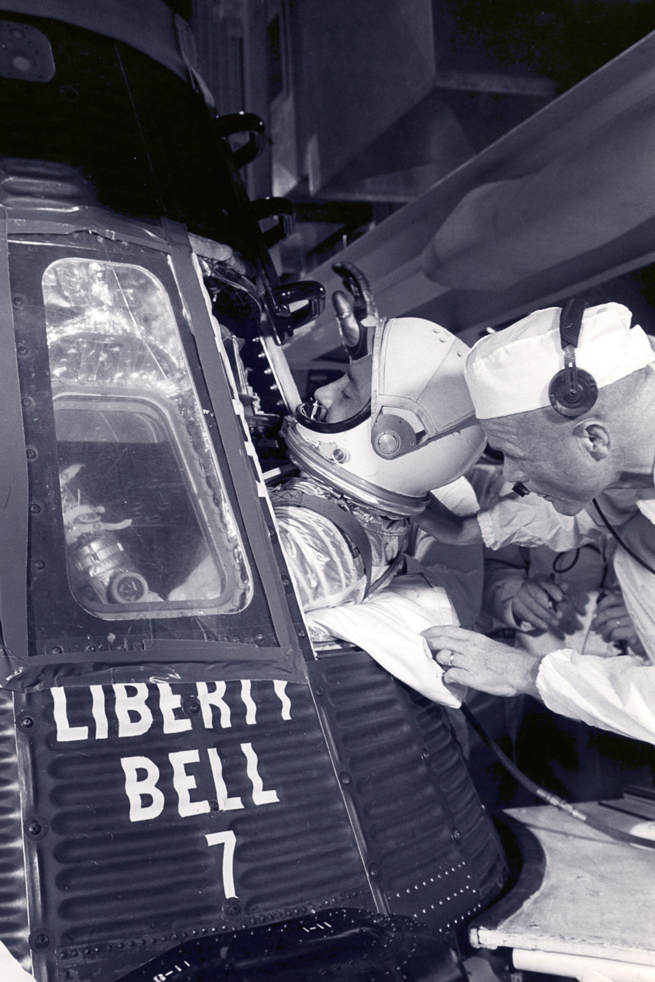 Lt. Col. Virgil I. "Gus" Grissom gets in his Liberty Bell 7 spacecraft. Grissom was one of NASA's original seven Mercury astronauts and the first man to fly in space twice. He died Jan. 27, 1967, in the Apollo 1 fire at Cape Kennedy. Grissom Air Reserve Base, Ind., is named in his honor. (NASA photo) 
