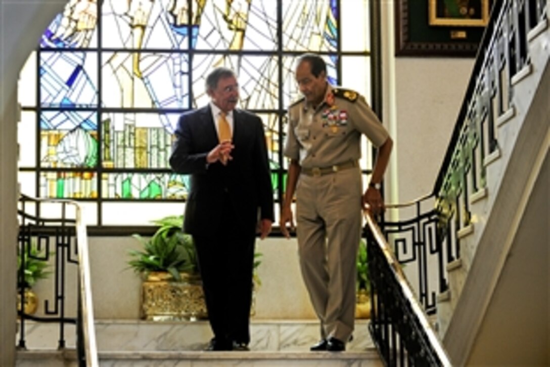 U.S. Defense Secretary Leon E. Panetta meets with Field Marshal Hussein Tantawi at the Egyptian Ministry of Defense headquarters in Cairo, Oct. 4, 2011.