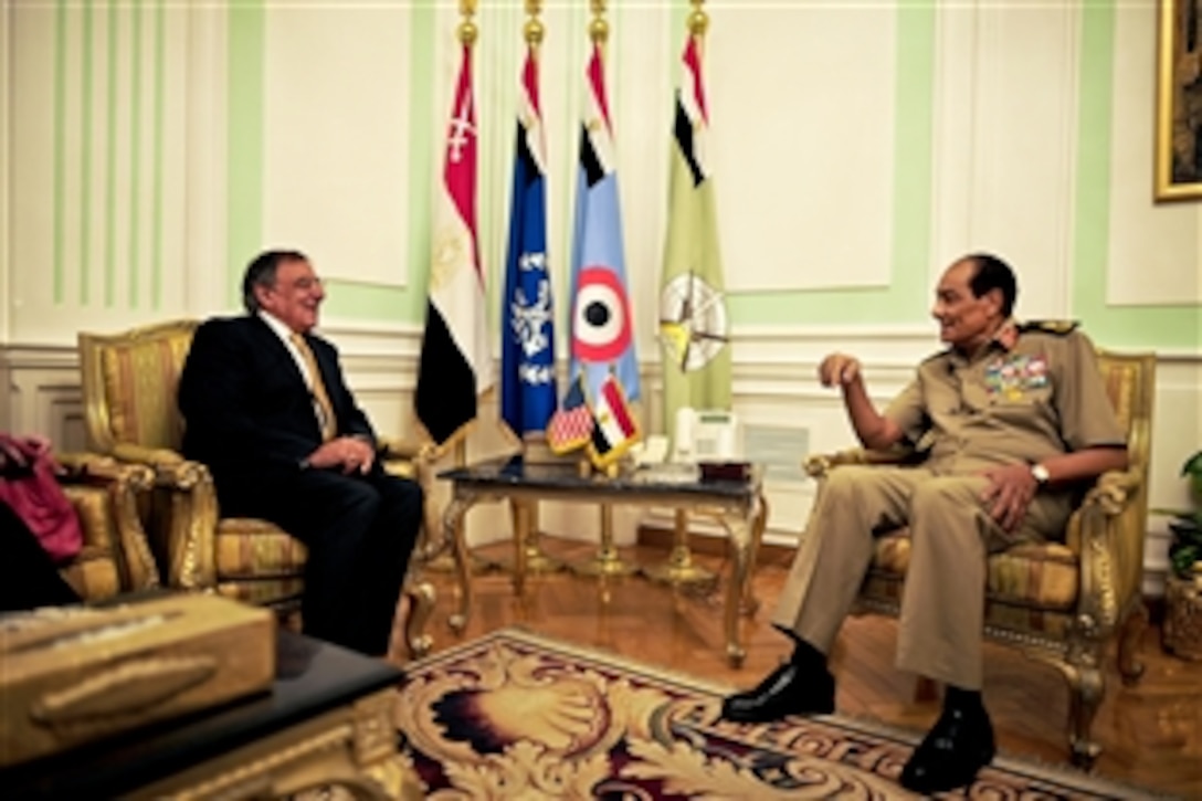 U.S. Defense Secretary Leon E. Panetta meets with Field Marshal Hussein Tantawi at the Egyptian Ministry of Defense headquarters in Cairo, Oct. 4, 2011.