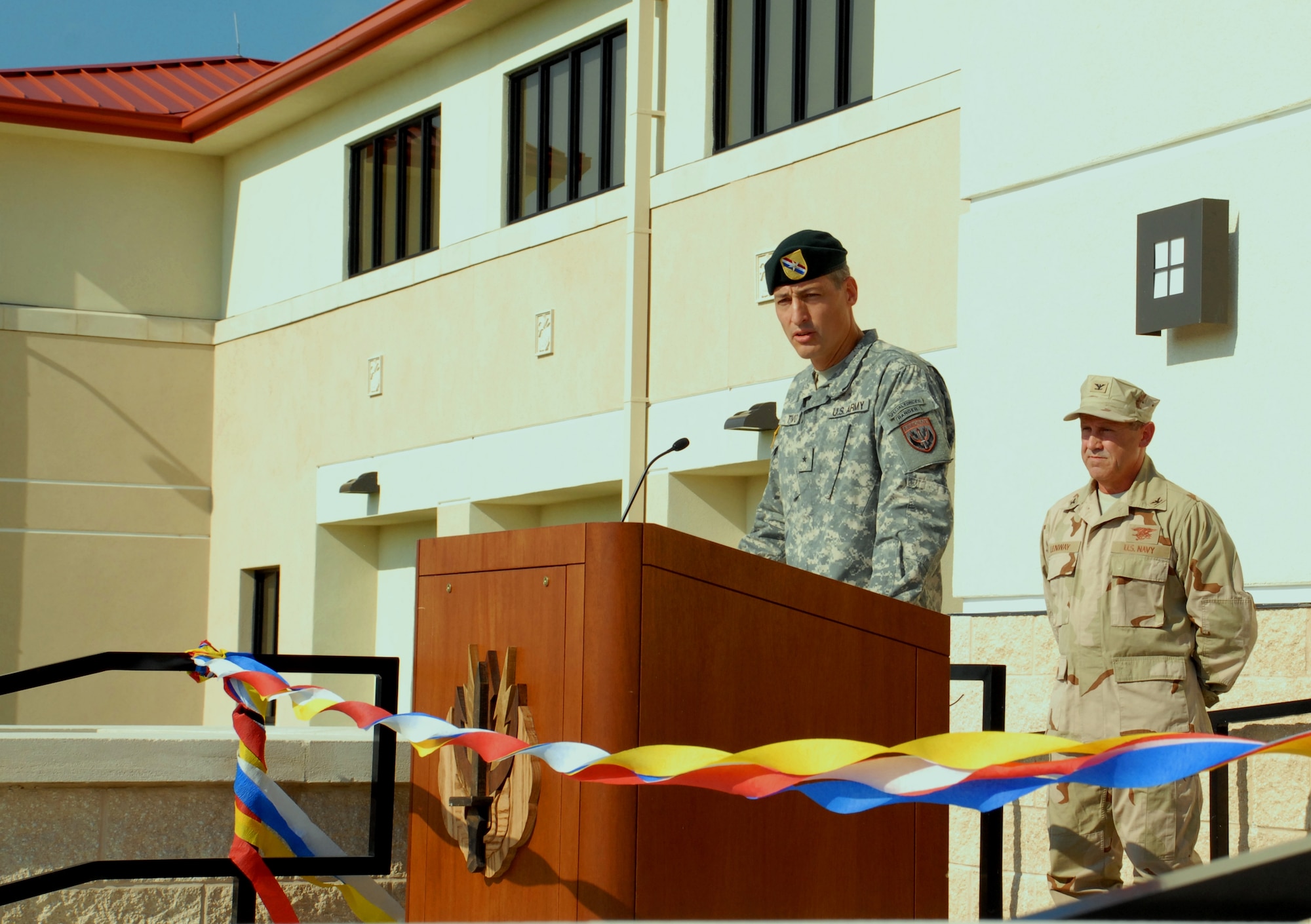 Army Brig. Gen. Ken Tovo, commander of U.S. Special Operations Command Central, speaks during the grand opening of the new SOCCENT headquarters at MacDill Air Force Base, Sept. 29, 2011. (U.S. Army photo by Maj. Robert Bockholt, SOCCENT Public Affairs/ Released)