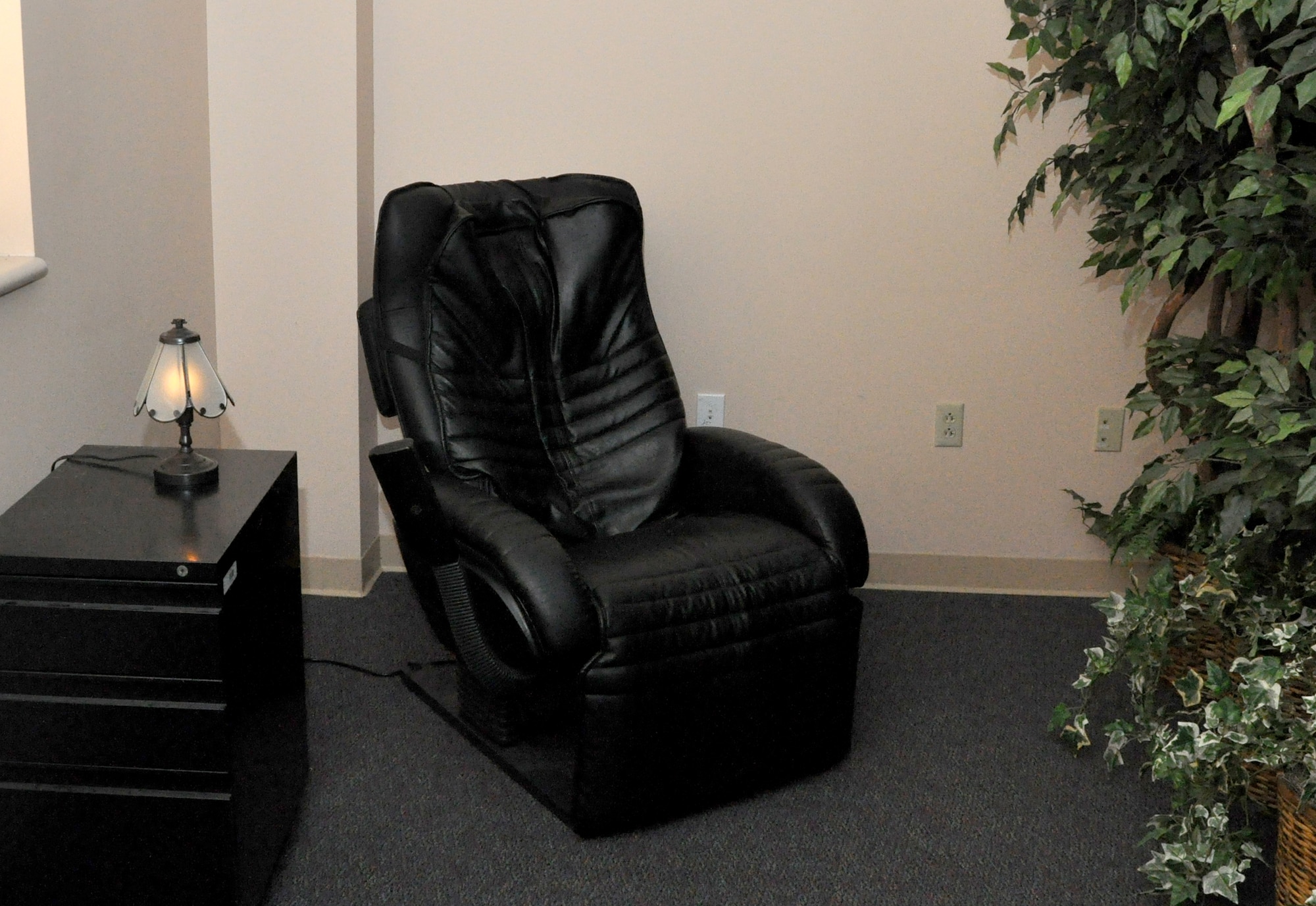 The relaxation room in the Fitness Center at Vance Air Force Base, Okla., includes motorized recliners, subdued lighting and plants to create a place for stress relief. (U.S. Air Force photo/ Airman 1st Class Frank John Casciotta)